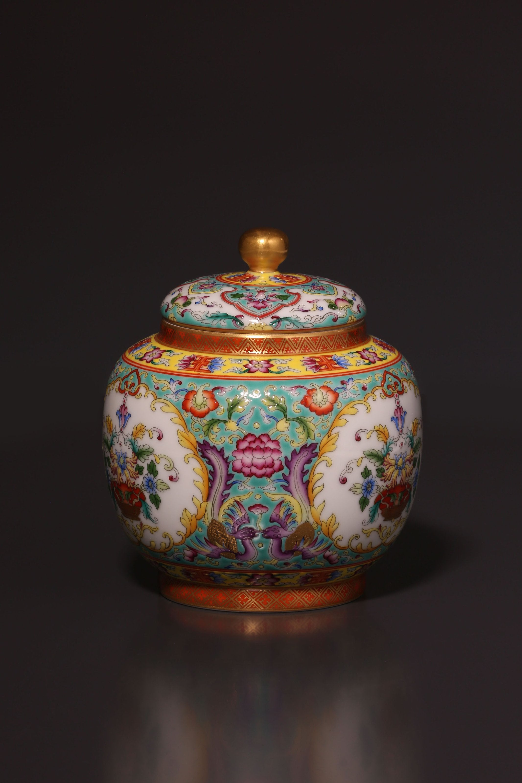 Dayazhai Enamel Flower Basket with Phoenix Design and Tea Canister on Pink/Green Ground