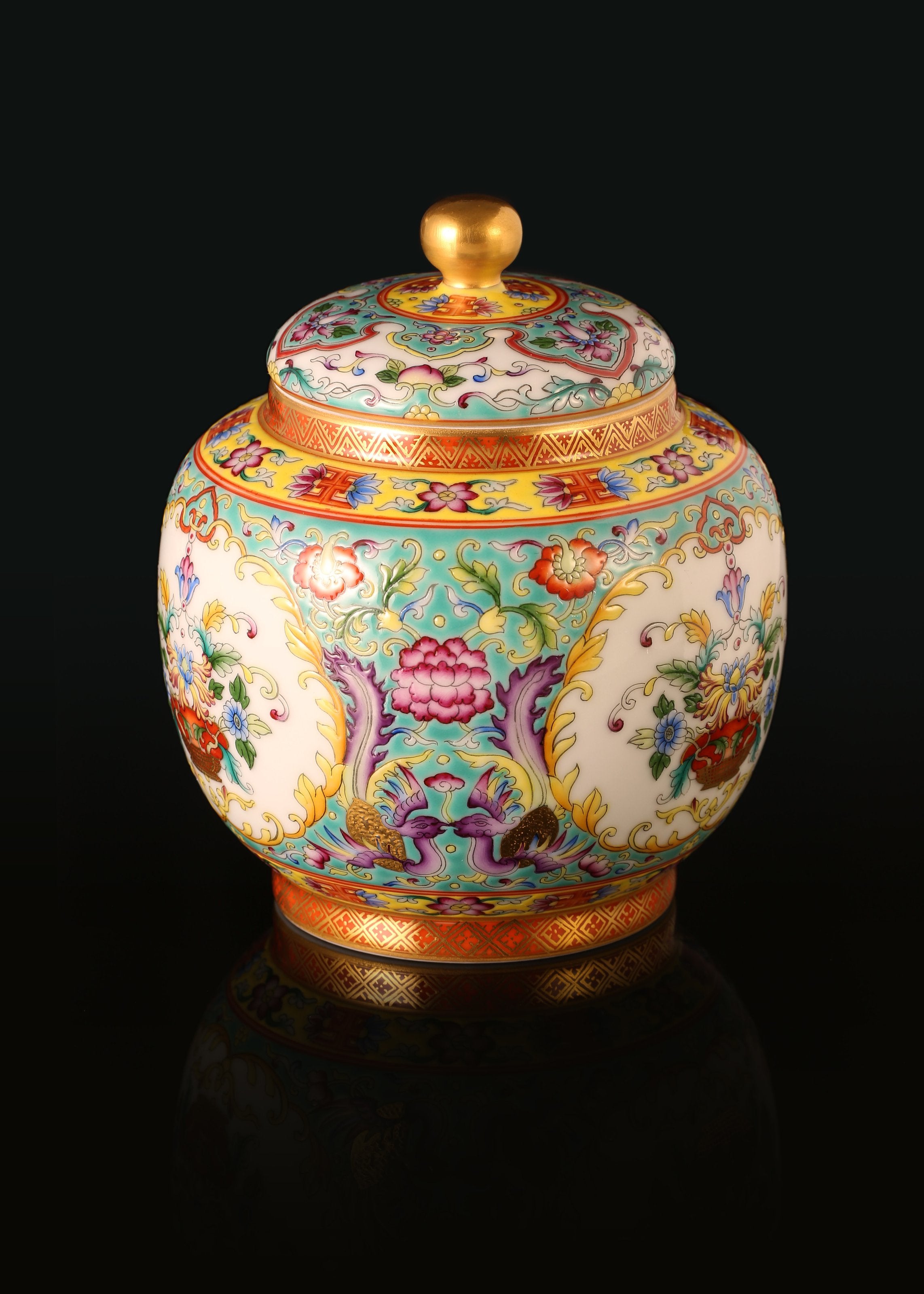 Dayazhai Enamel Flower Basket with Phoenix Design and Tea Canister on Pink/Green Ground