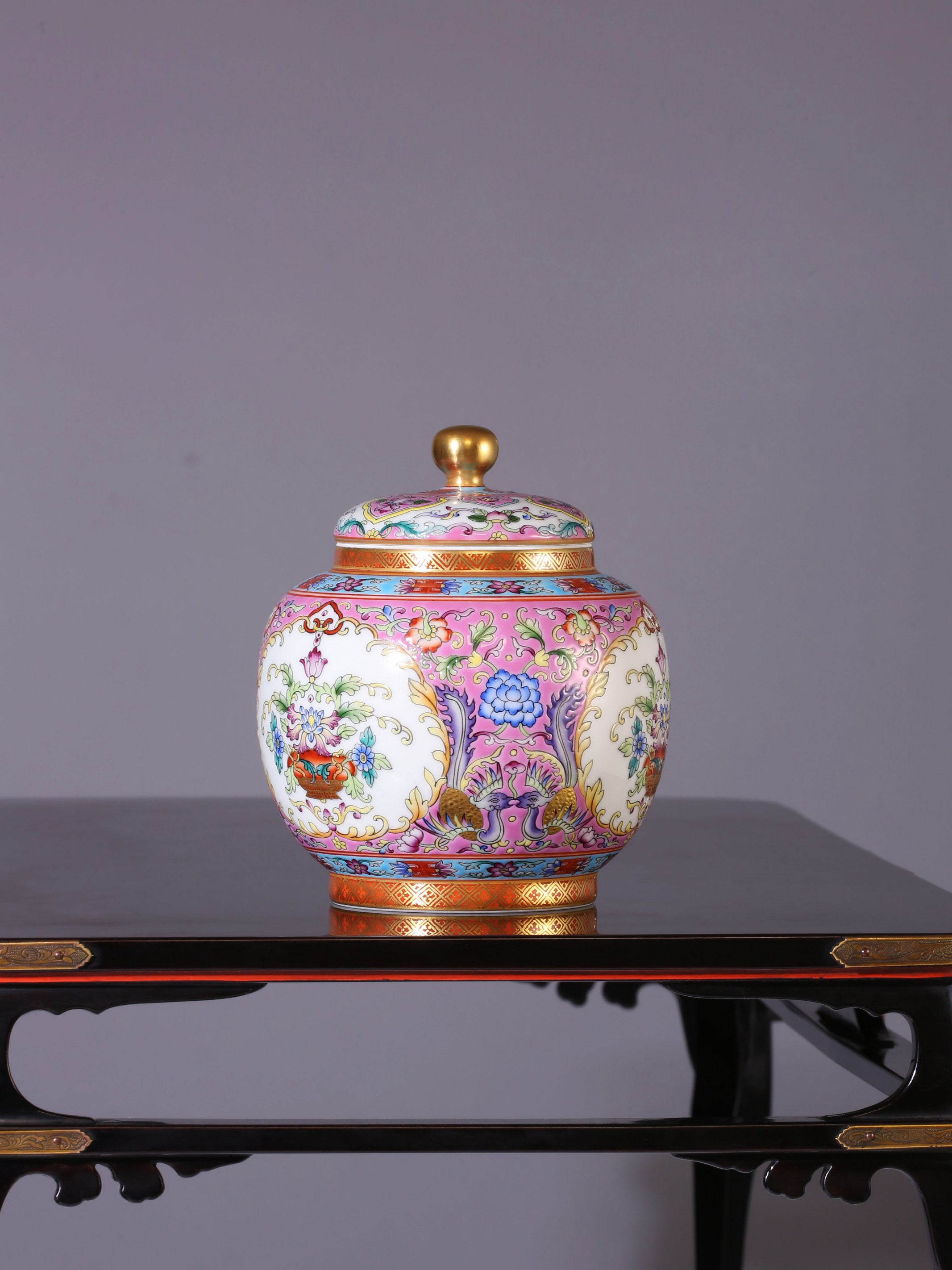 Dayazhai Enamel Flower Basket with Phoenix Design and Tea Canister on Pink/Green Ground