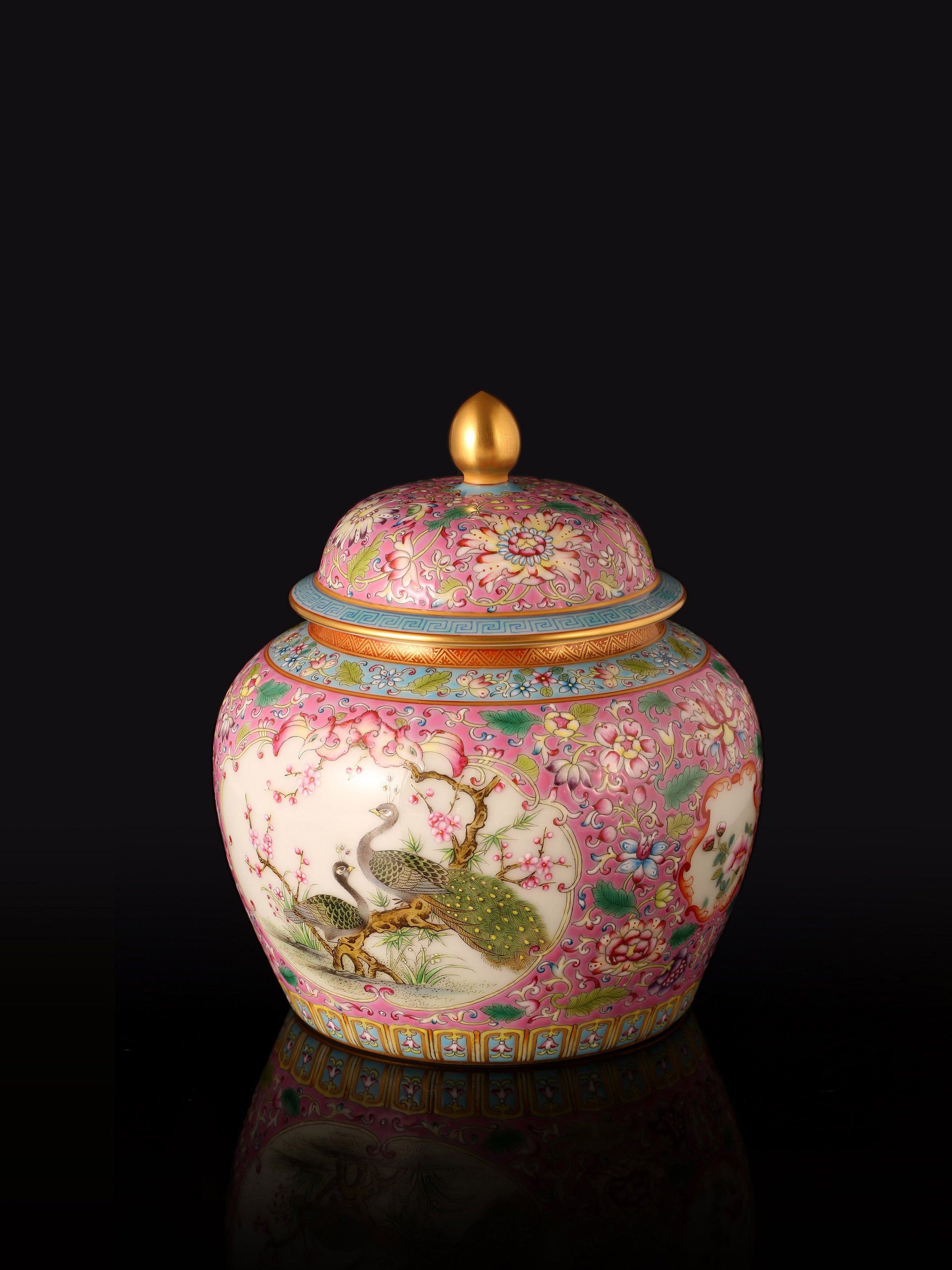 Enamel-painted tea caddy with openwork floral and bird design