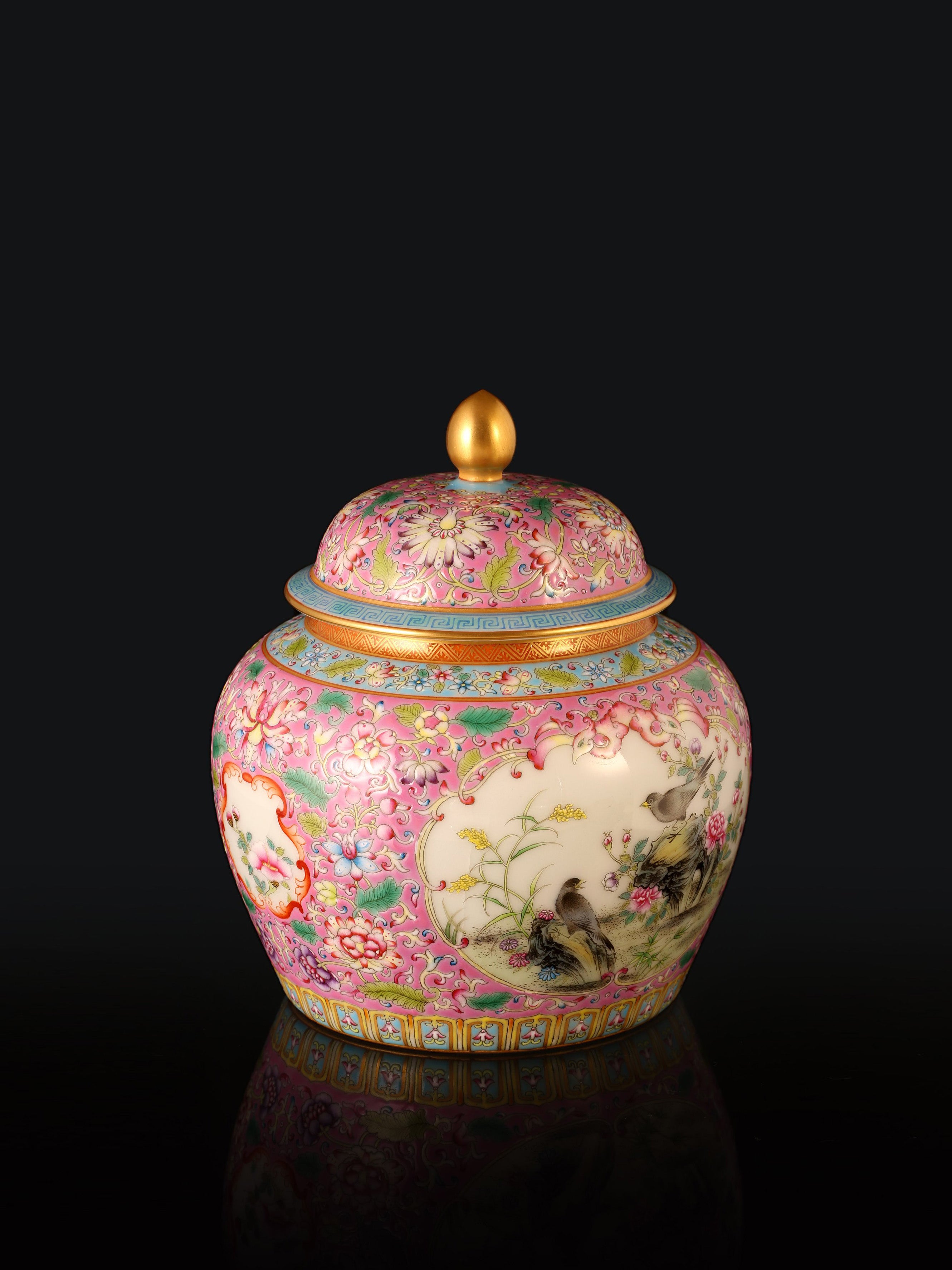 Enamel-painted tea caddy with openwork floral and bird design