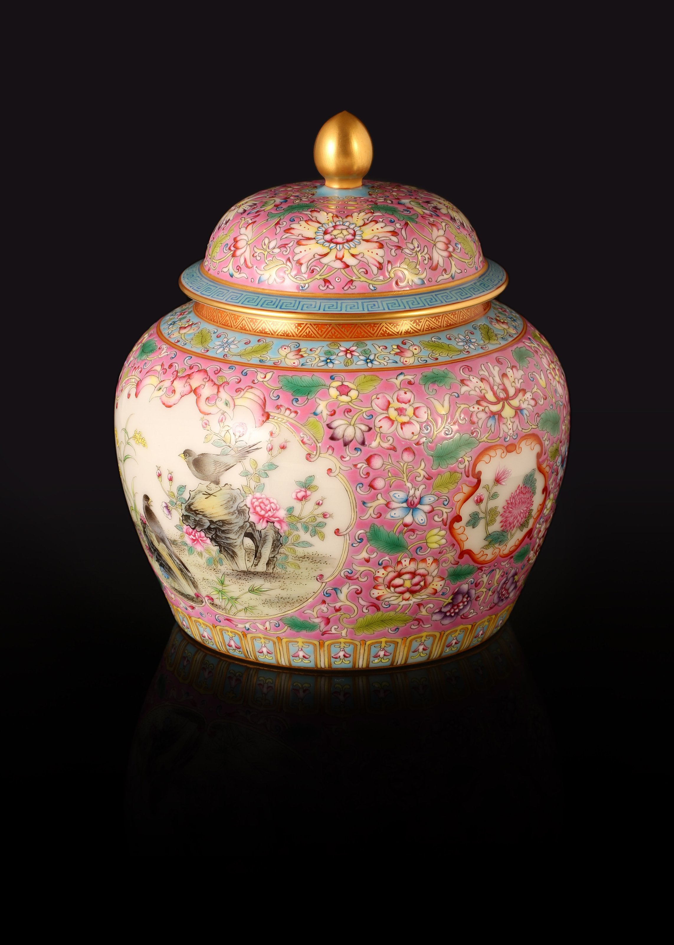 Enamel-painted tea caddy with openwork floral and bird design