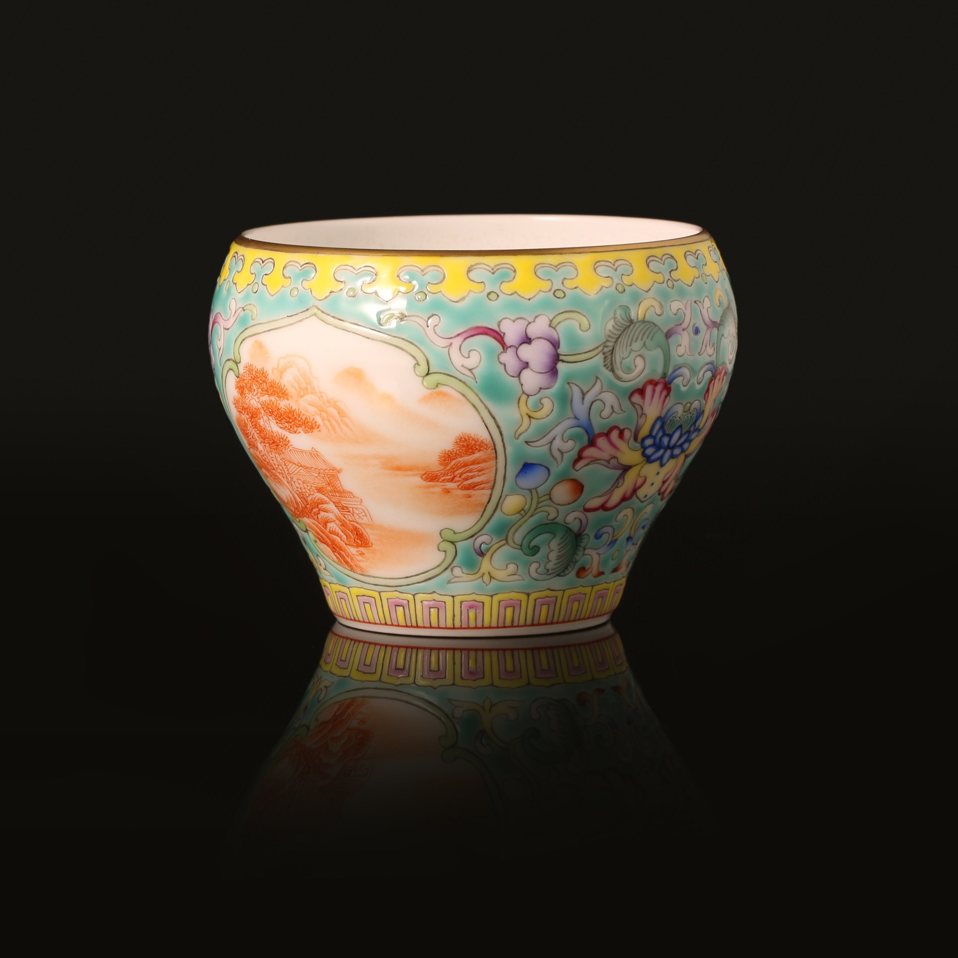 Dayazhai Enamel Painted Windowed Iron-Red Landscape Cup