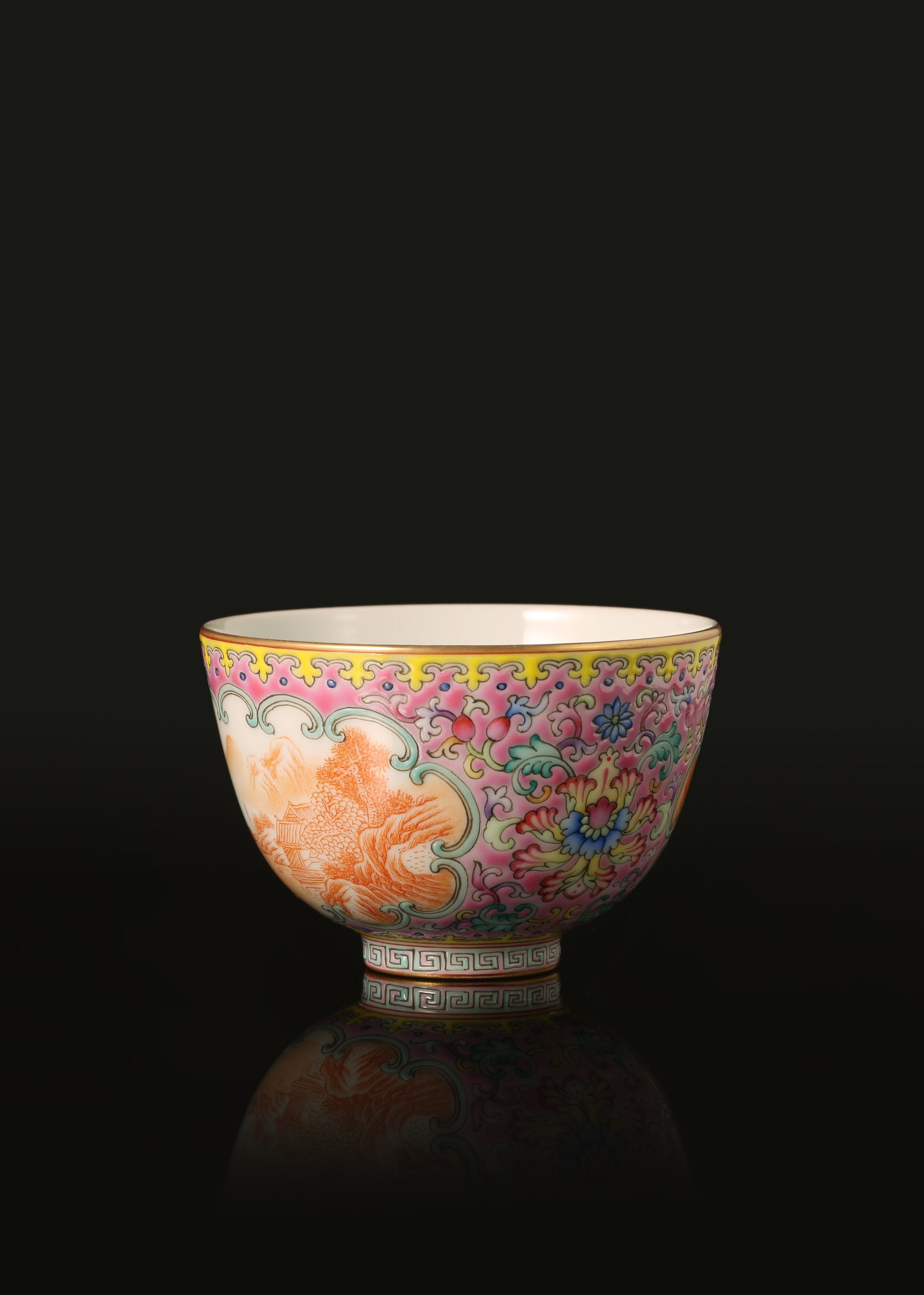 Dayazhai Enamel Painted Windowed Iron-Red Landscape Bell Cup