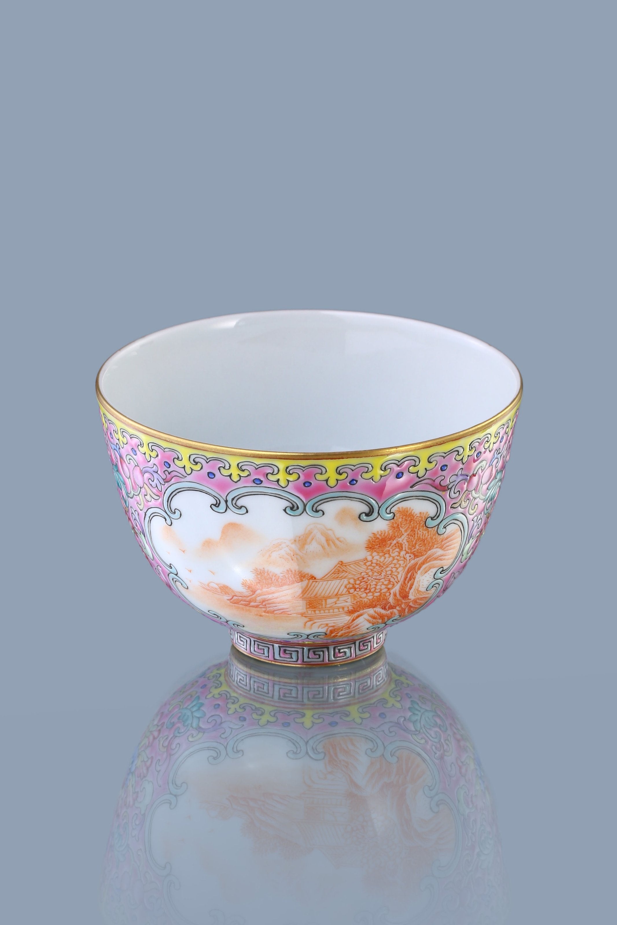 Dayazhai Enamel Painted Windowed Iron-Red Landscape Bell Cup