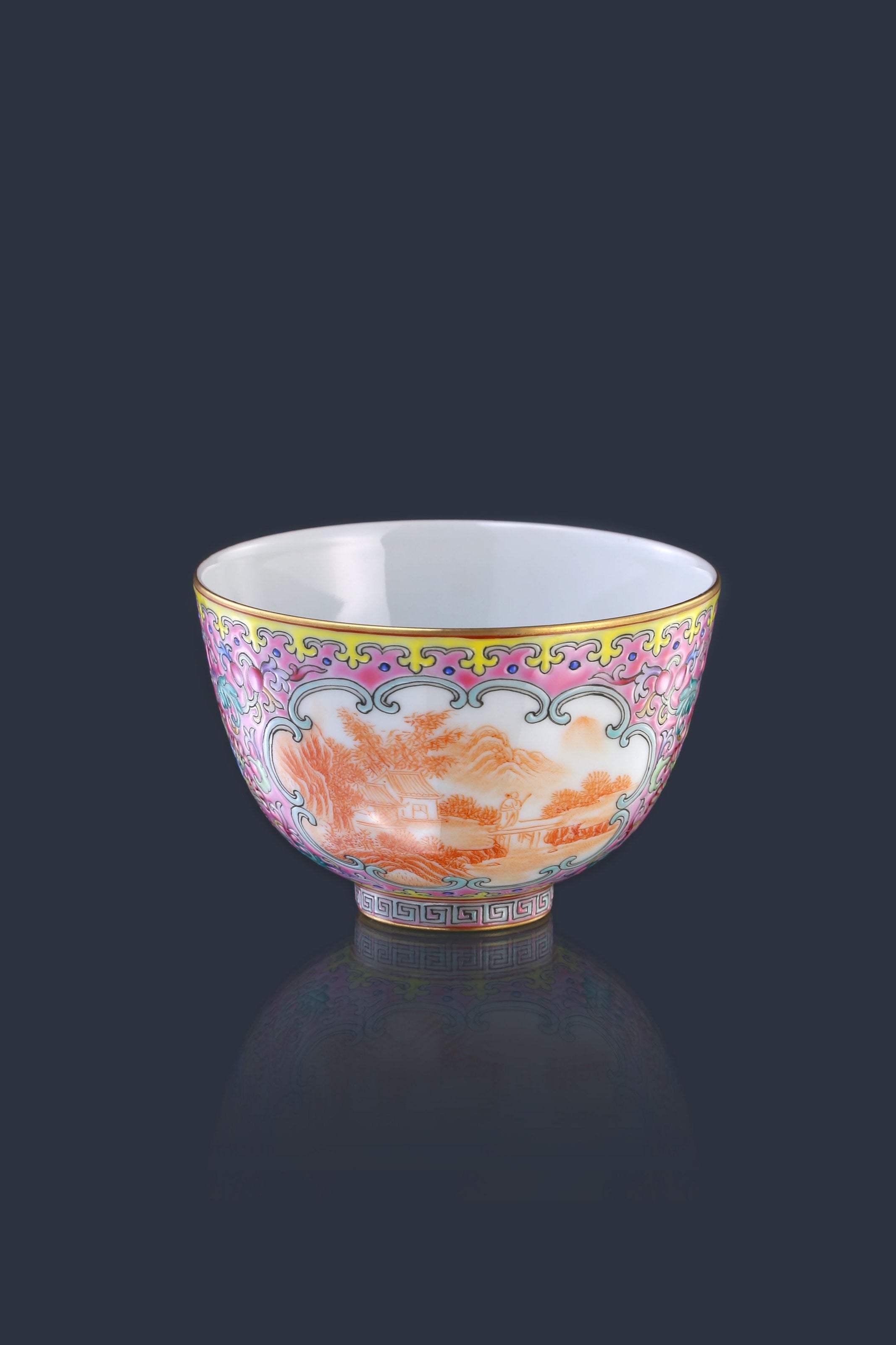 Dayazhai Enamel Painted Windowed Iron-Red Landscape Bell Cup