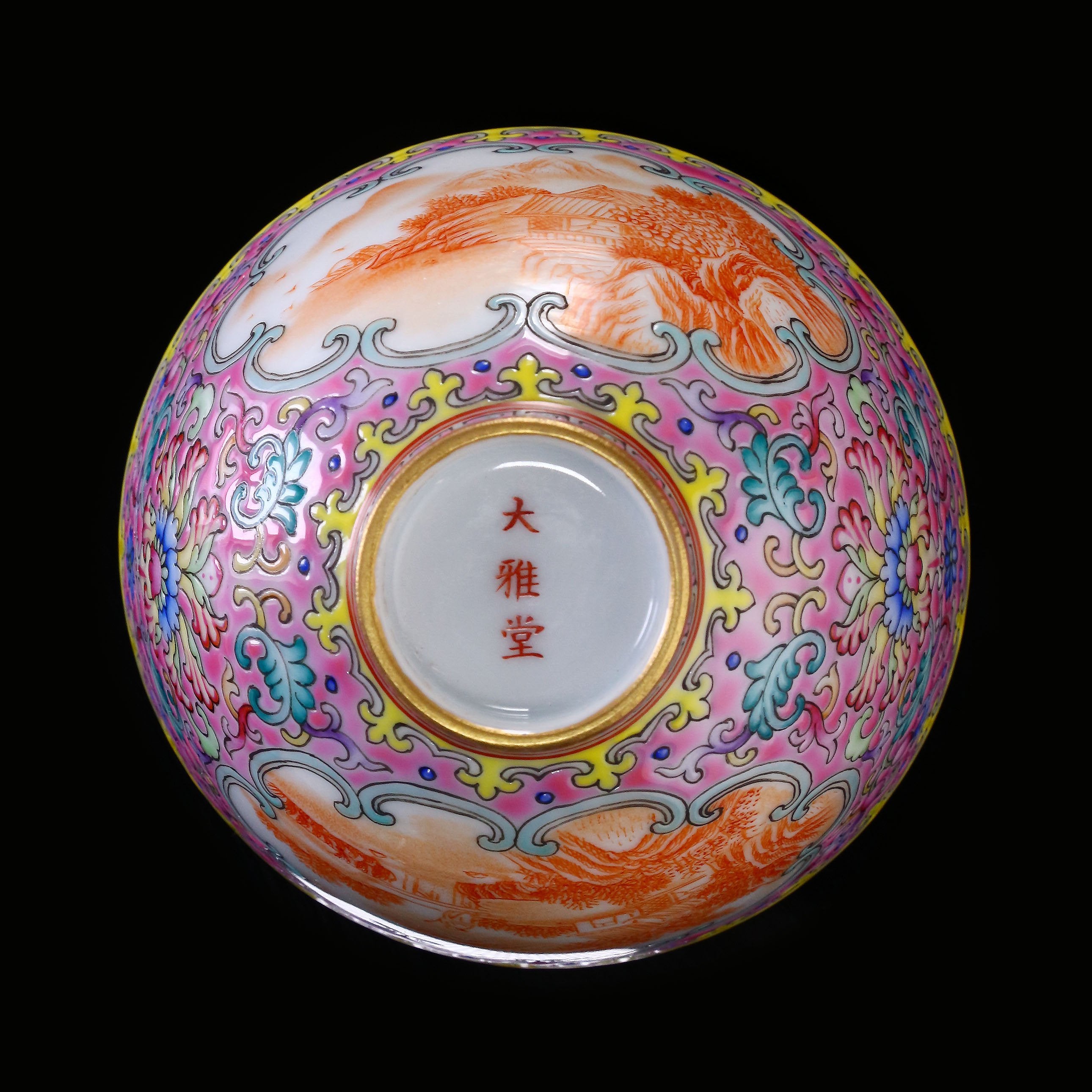 Dayazhai Enamel Painted Windowed Iron-Red Landscape Bell Cup