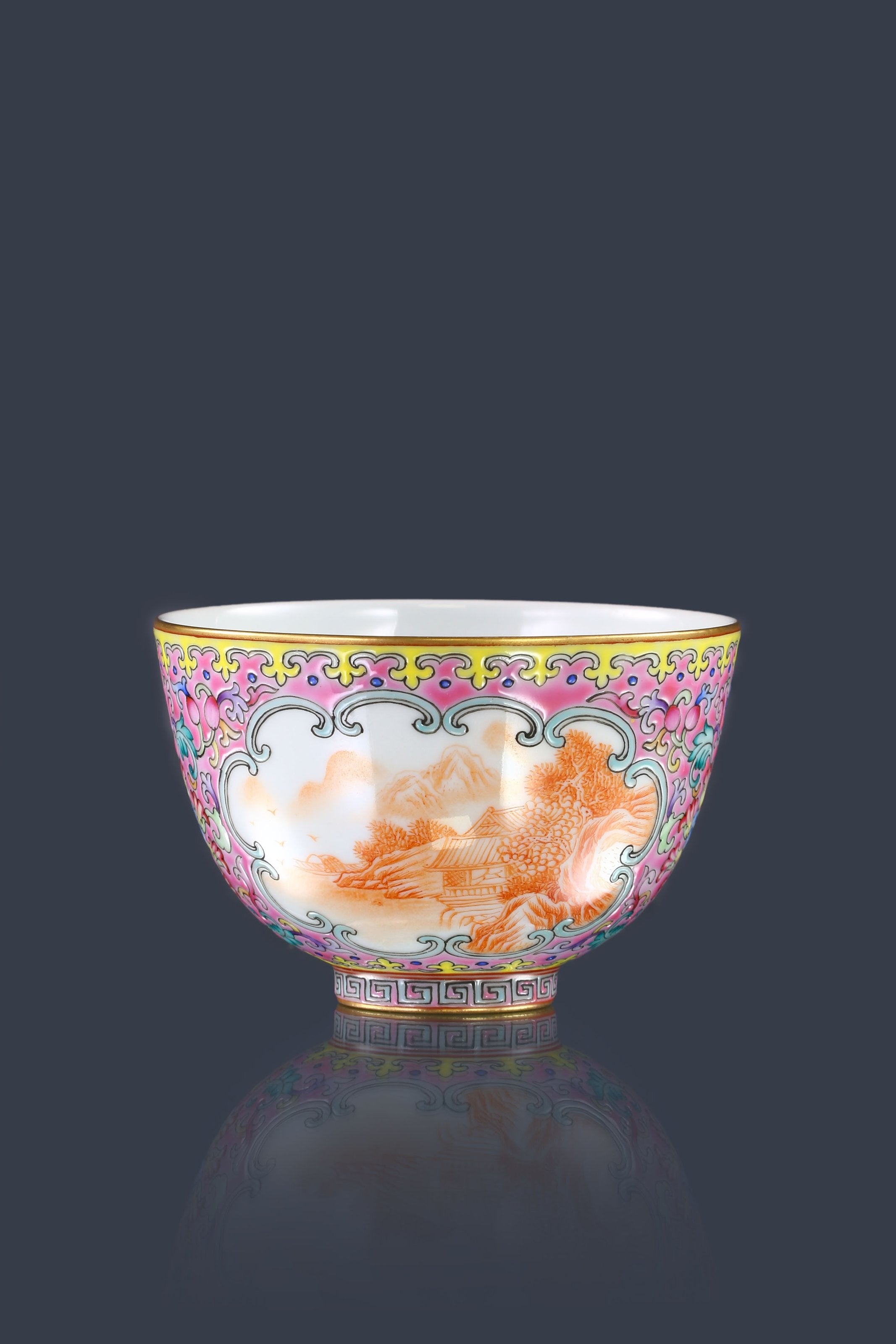 Dayazhai Enamel Painted Windowed Iron-Red Landscape Bell Cup