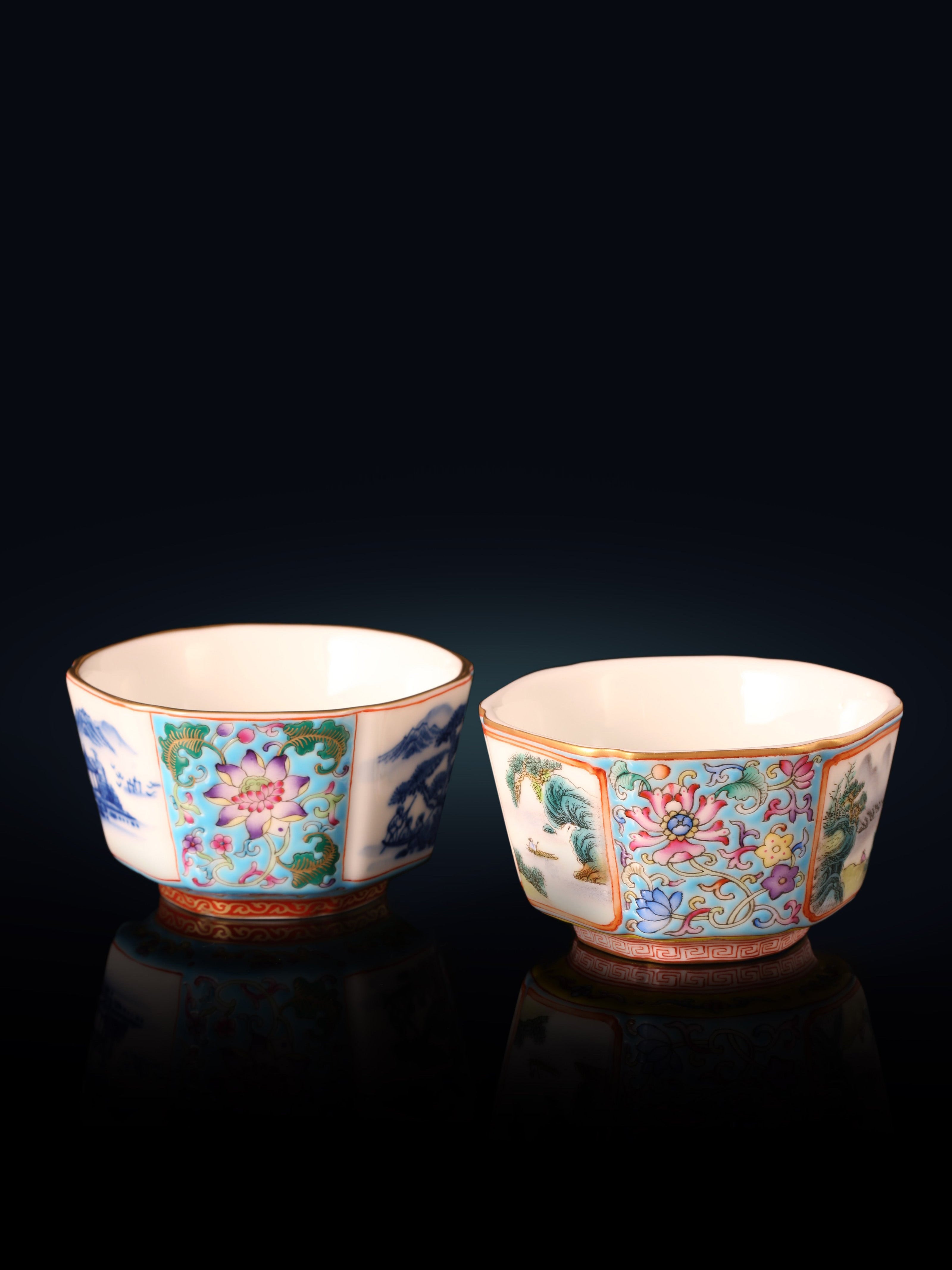 Dayazhai Enamel Landscape/Blue and White Hexagonal Cup with Window