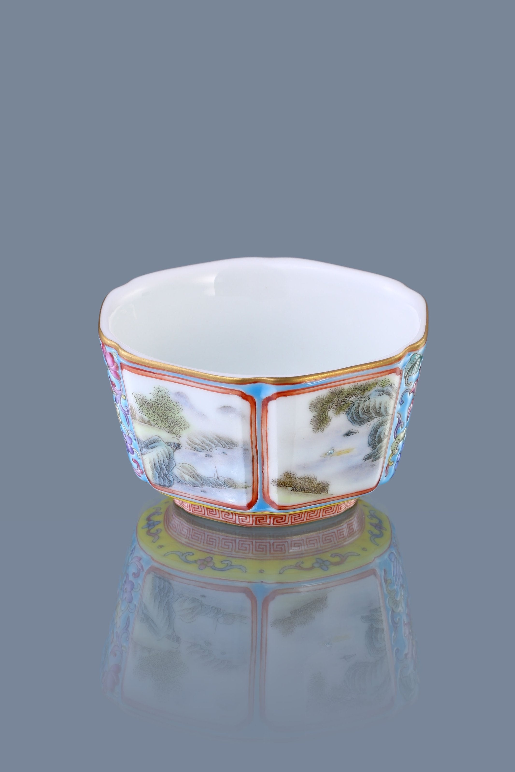 Dayazhai Enamel Landscape/Blue and White Hexagonal Cup with Window