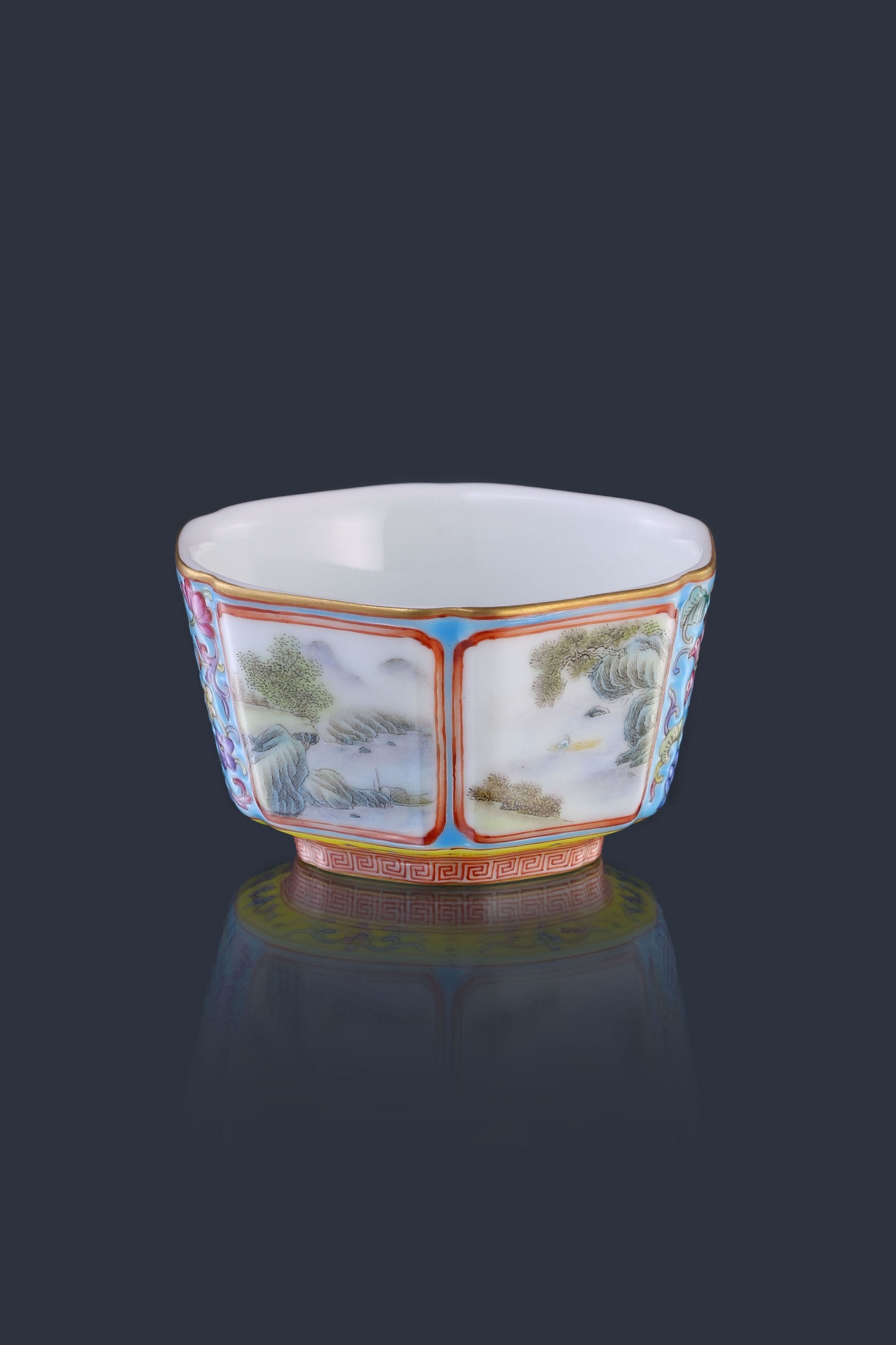 Dayazhai Enamel Landscape/Blue and White Hexagonal Cup with Window