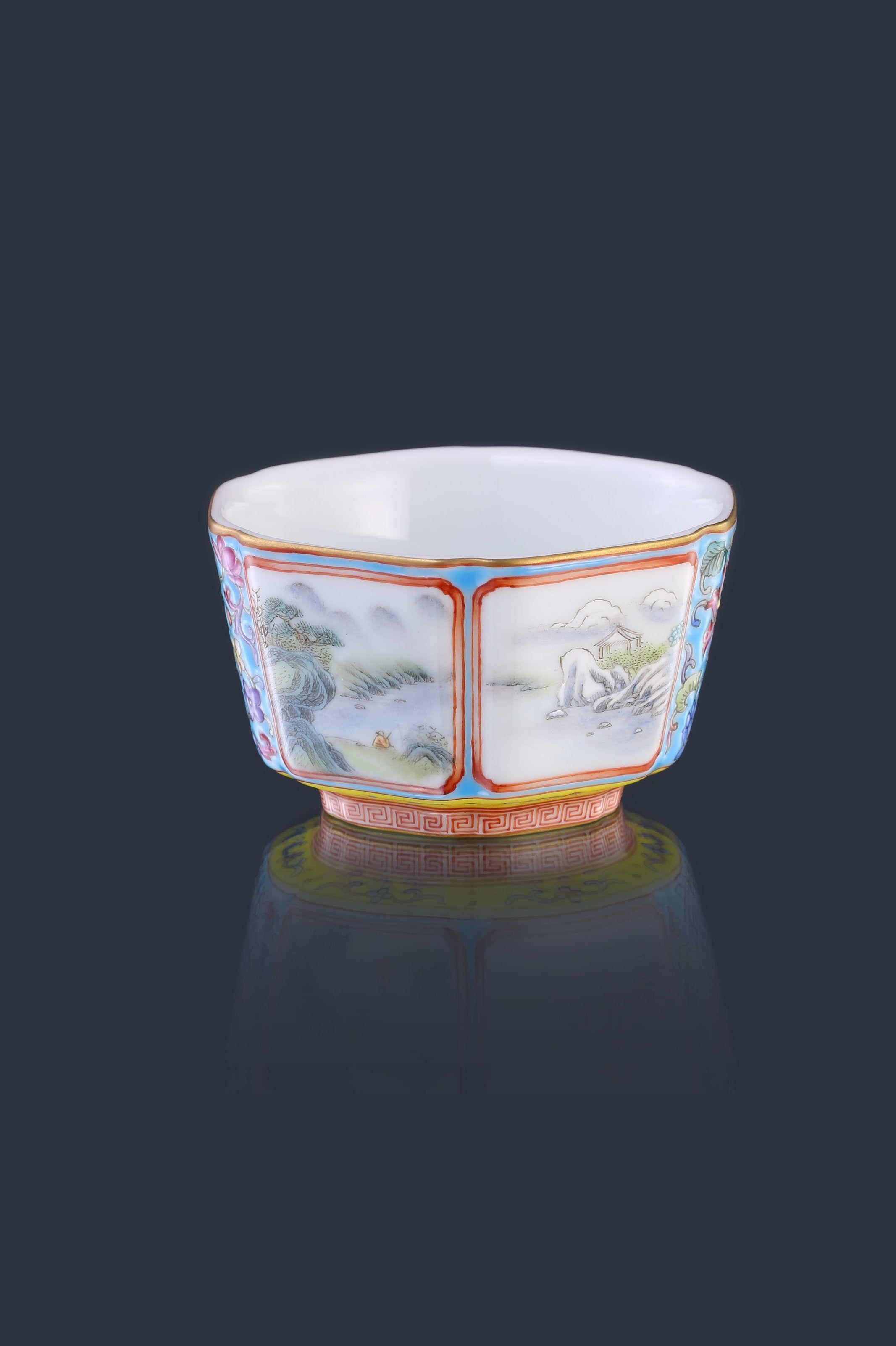 Dayazhai Enamel Landscape/Blue and White Hexagonal Cup with Window