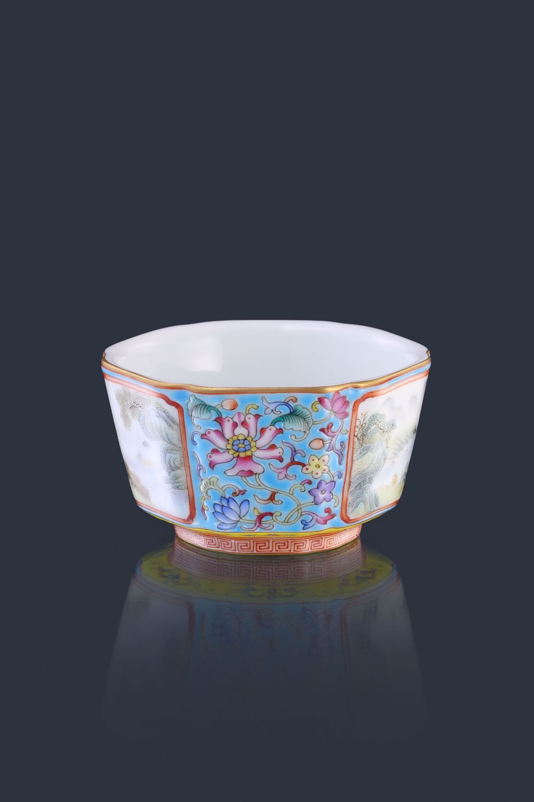 Dayazhai Enamel Landscape/Blue and White Hexagonal Cup with Window