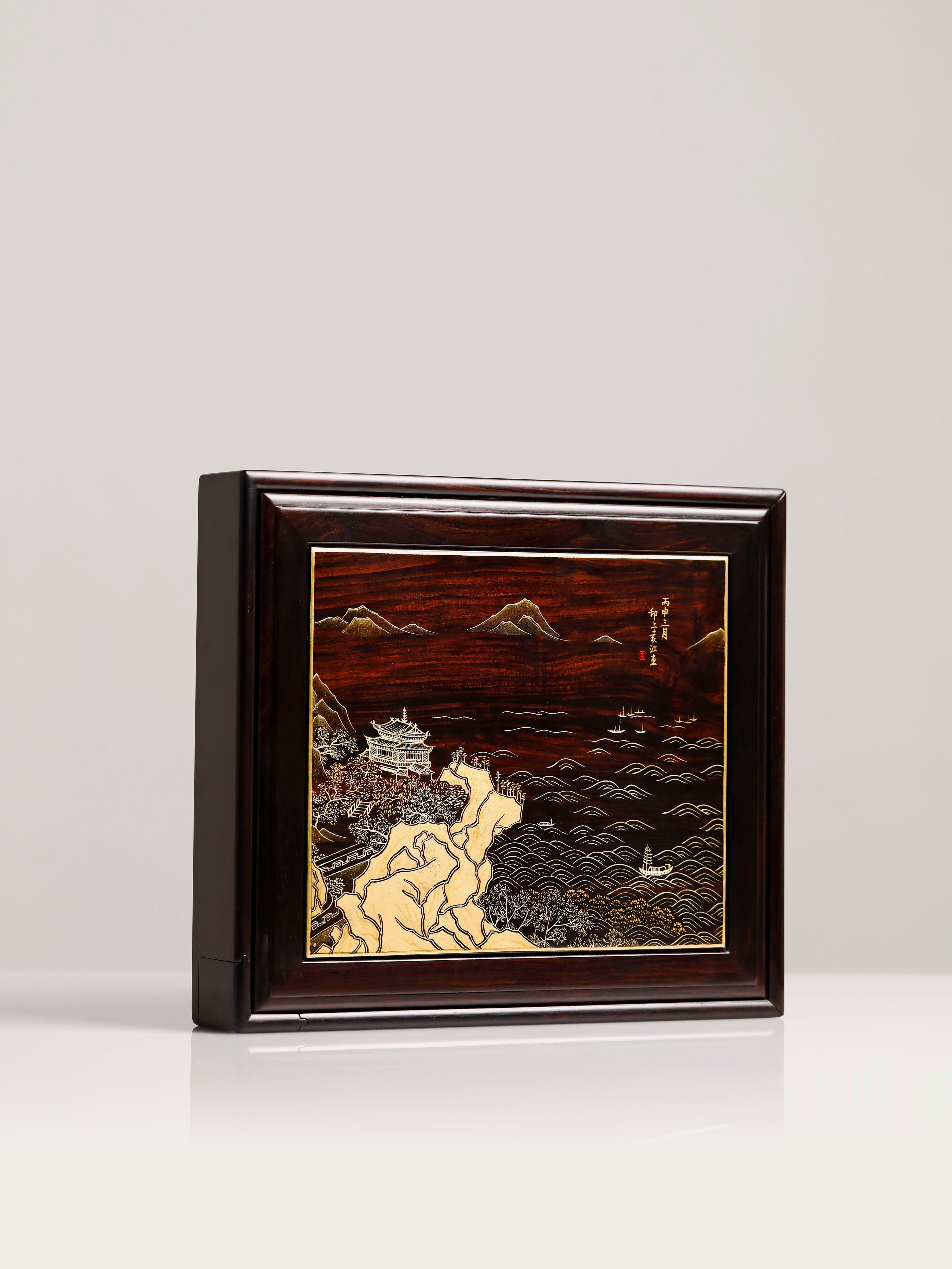 Purple sandalwood tea box with gold-painted "Watching the Tide" design