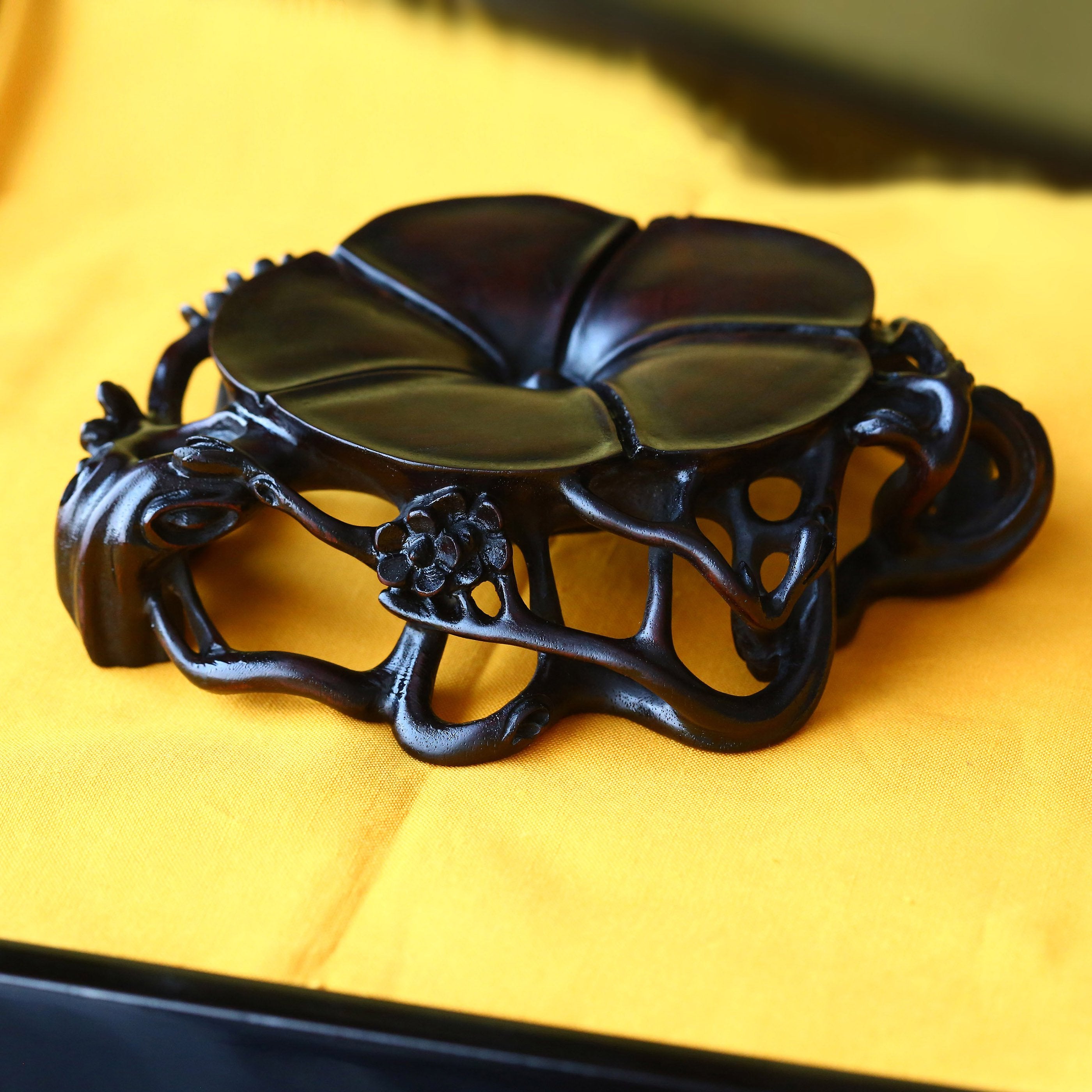 Three pieces with rosewood base featuring plum blossom, lingzhi, and begonia patterns.