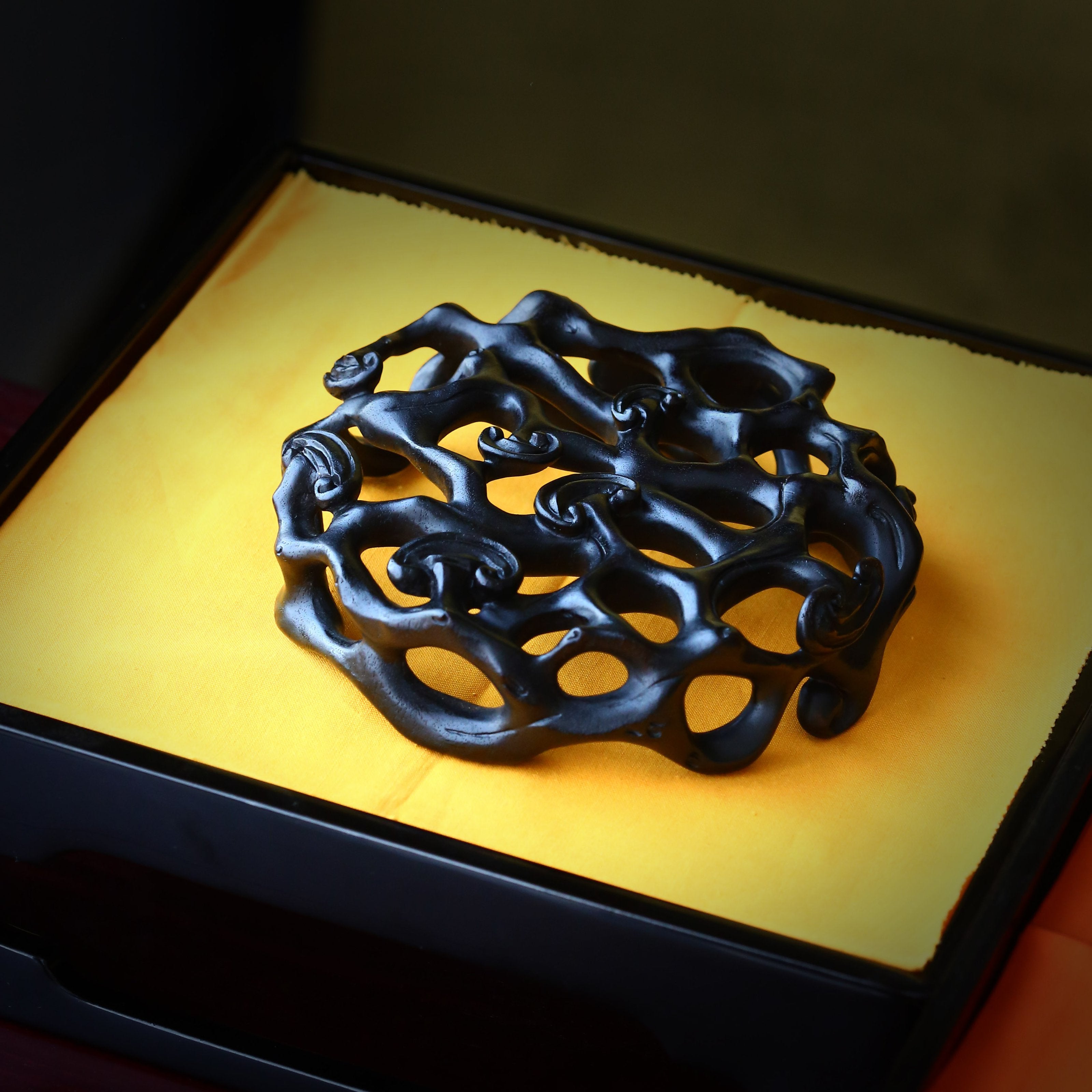 Three pieces with rosewood base featuring plum blossom, lingzhi, and begonia patterns.