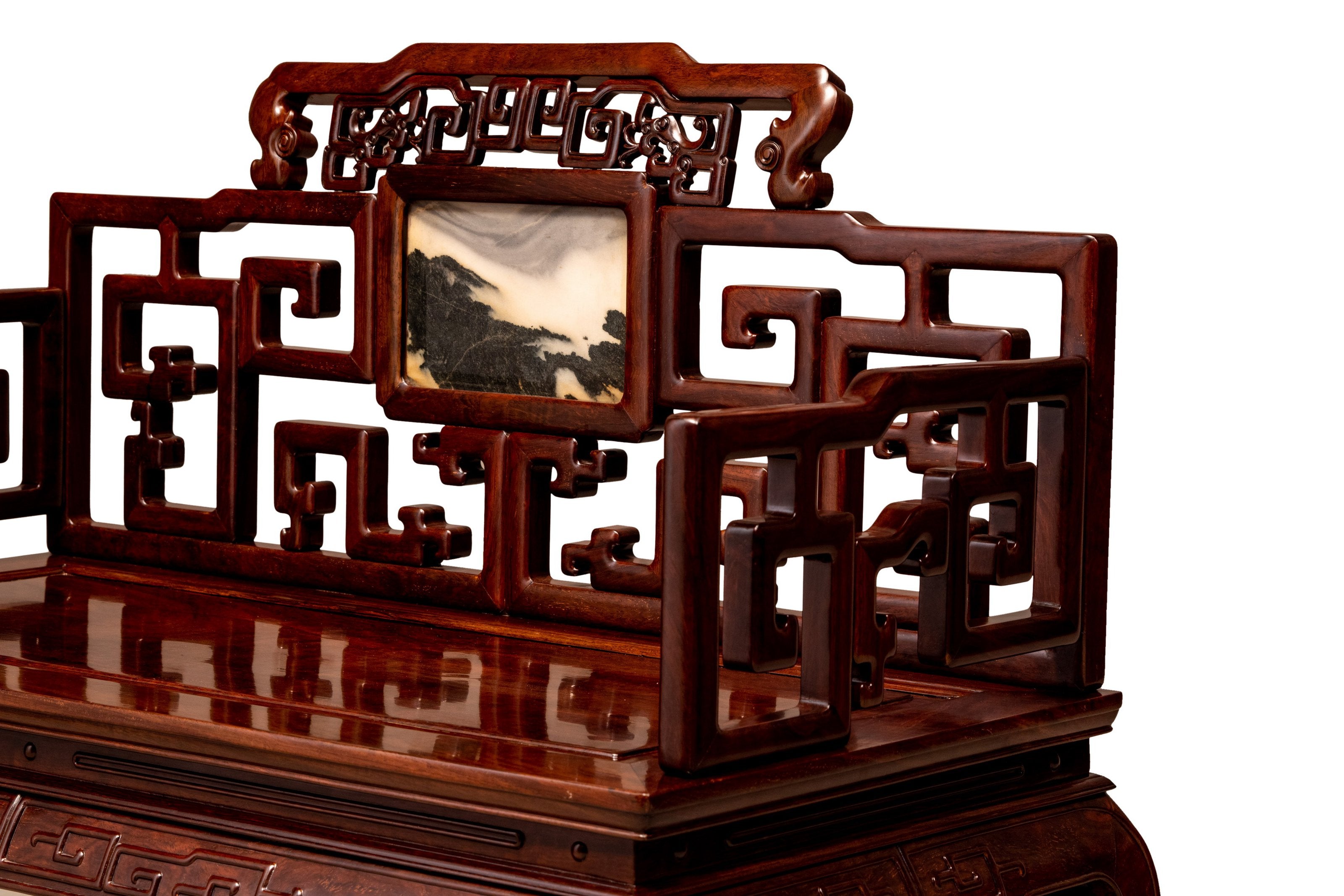 Ebony and marble inlaid backrest, high waist, bulging legs, and convex teeth throne