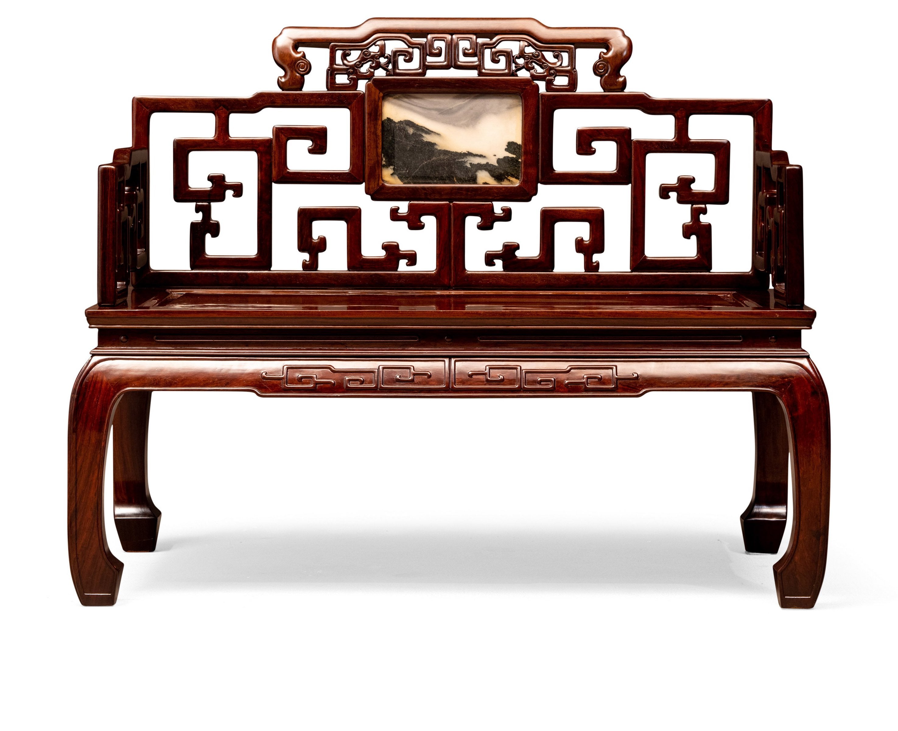 Ebony and marble inlaid backrest, high waist, bulging legs, and convex teeth throne