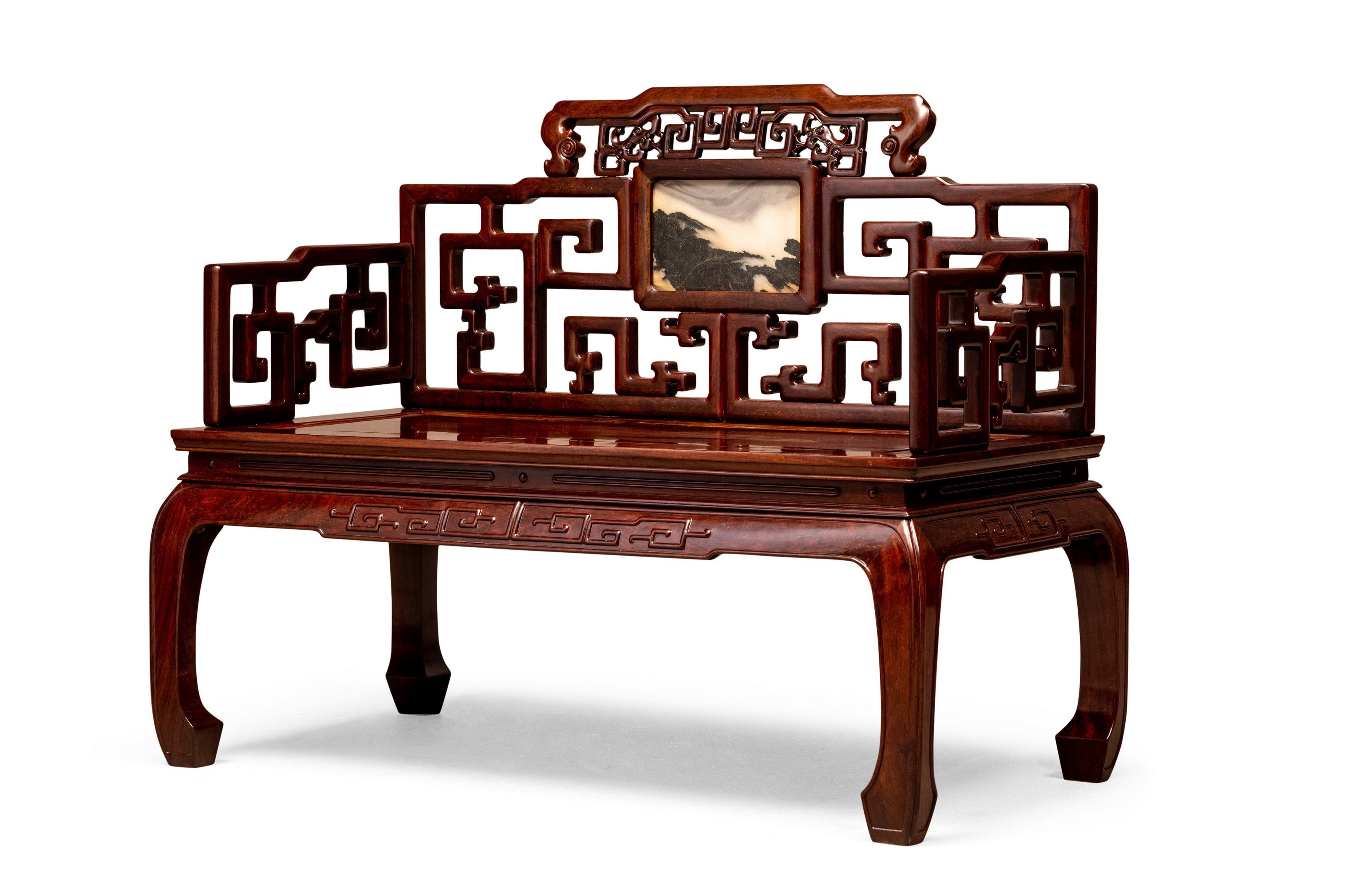 Ebony and marble inlaid backrest, high waist, bulging legs, and convex teeth throne