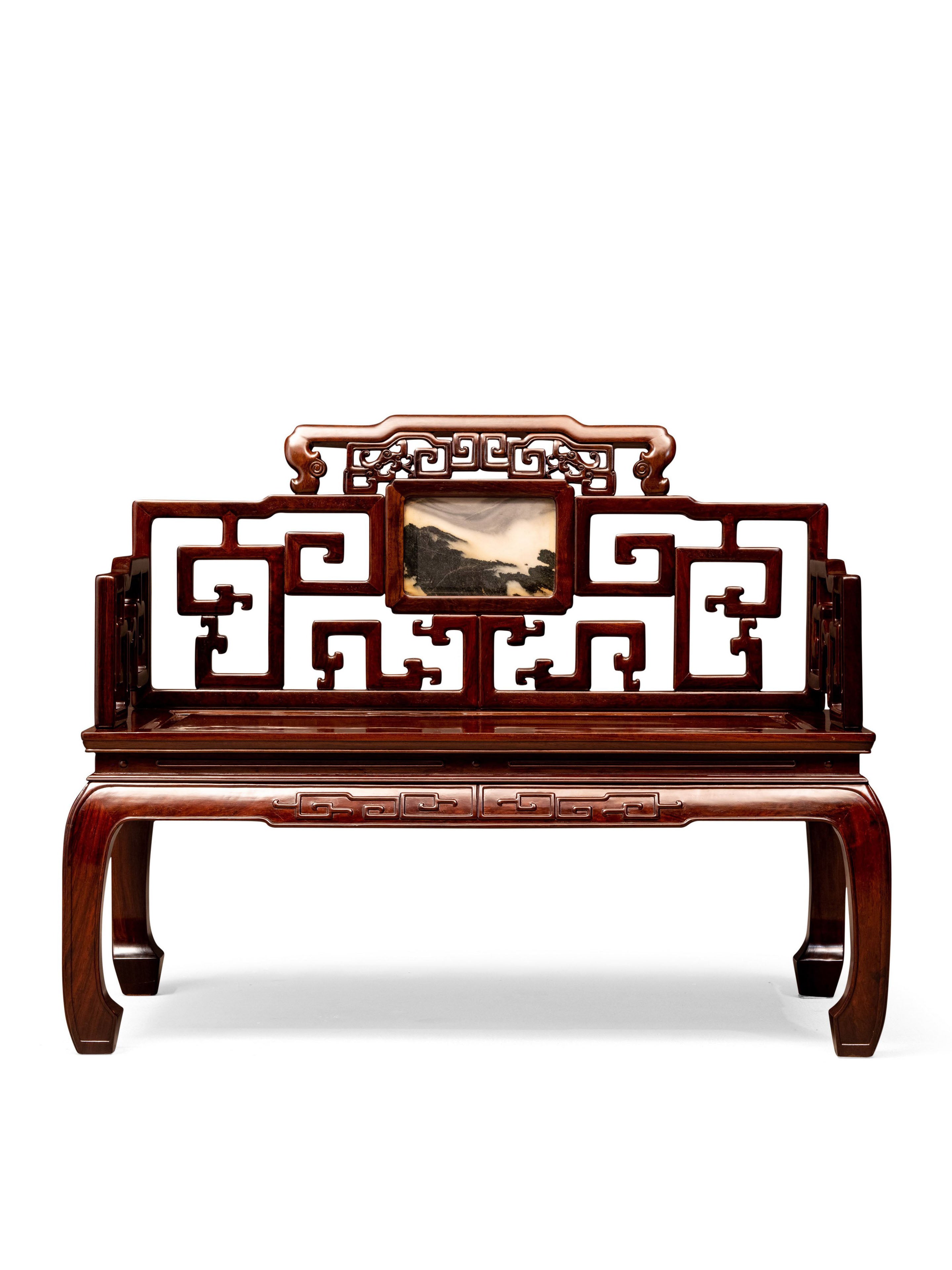 Ebony and marble inlaid backrest, high waist, bulging legs, and convex teeth throne