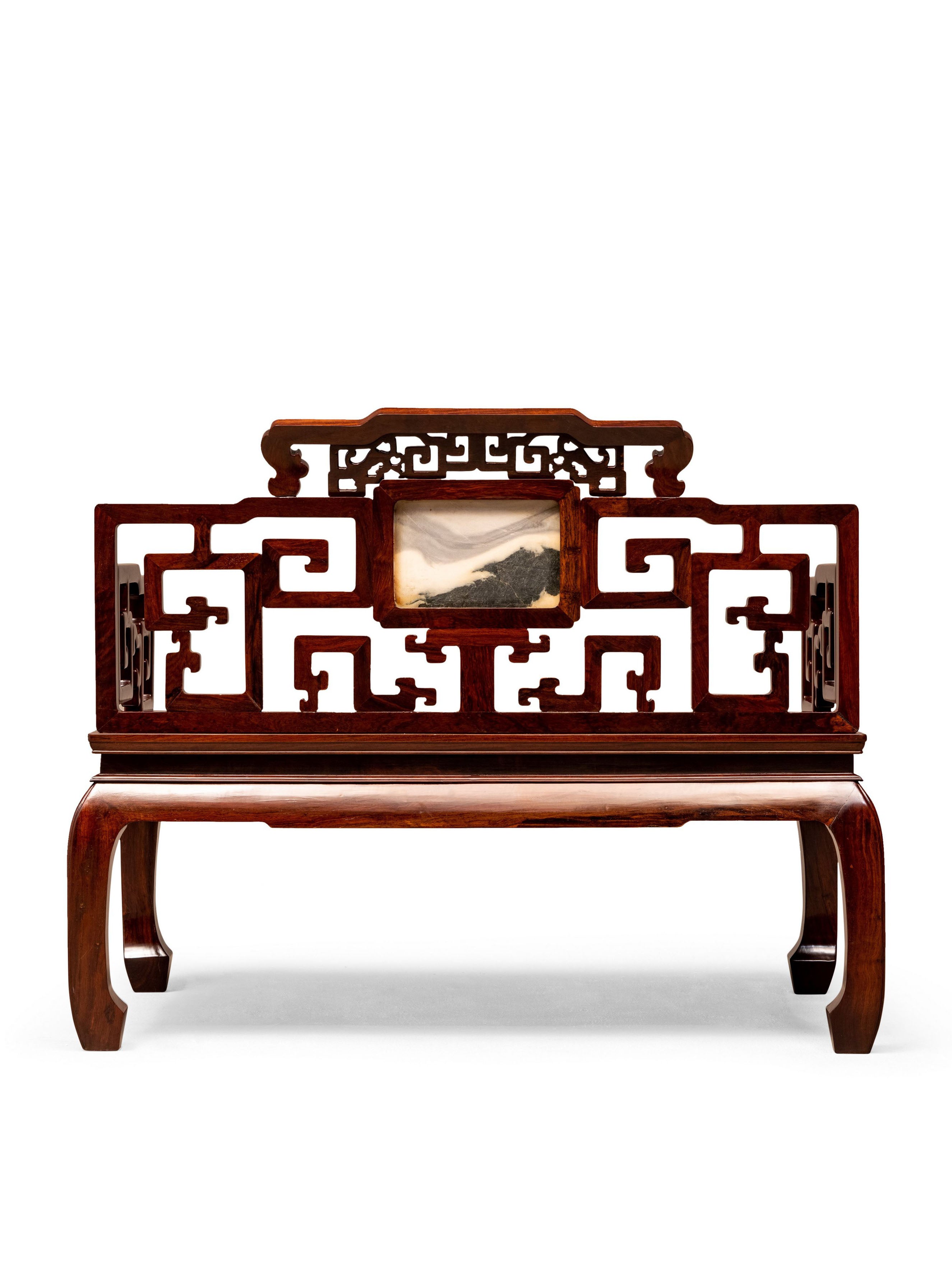 Ebony and marble inlaid backrest, high waist, bulging legs, and convex teeth throne