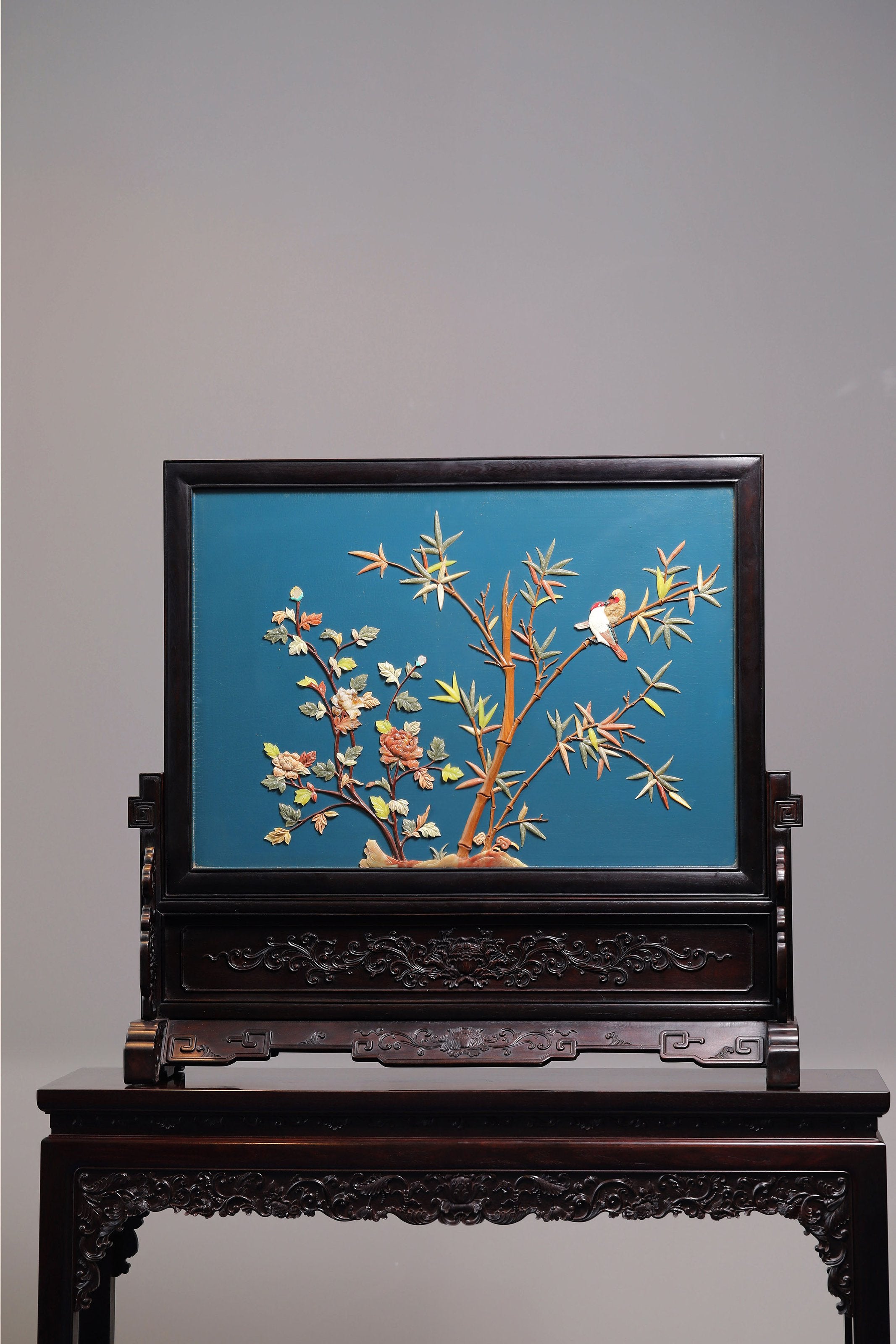 Rosewood Inlaid Flower and Bird Pattern Screen