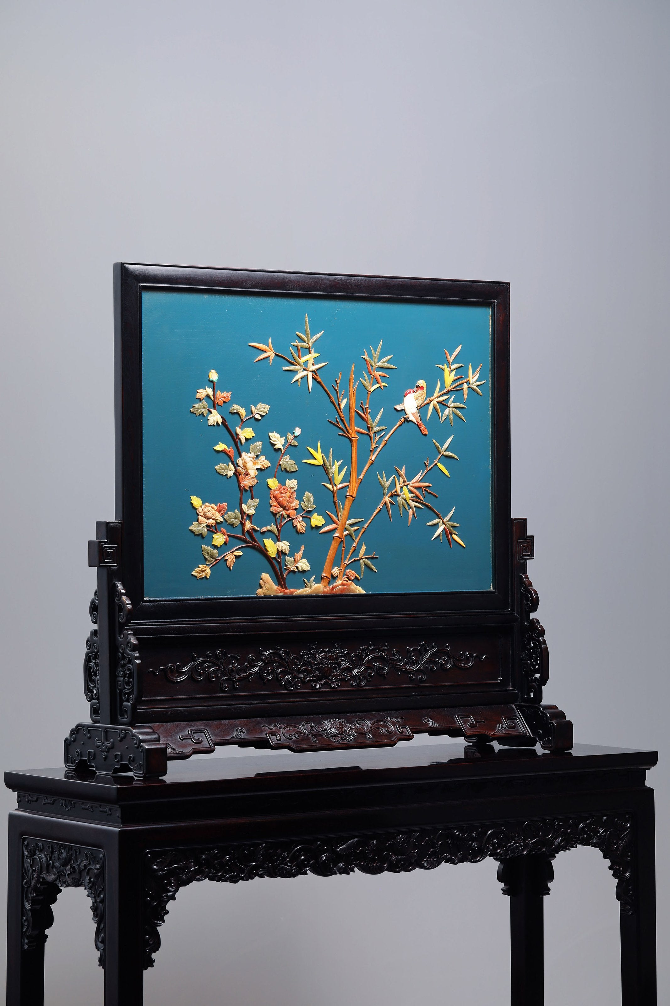 Rosewood Inlaid Flower and Bird Pattern Screen