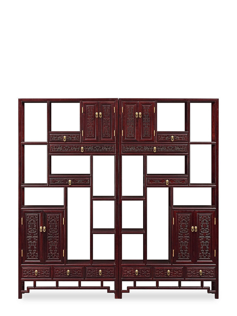 A pair of Zambian rosewood display shelves with fretwork design
