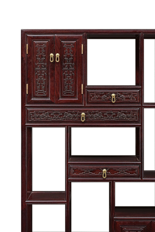 A pair of Zambian rosewood display shelves with fretwork design