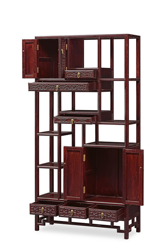 A pair of Zambian rosewood display shelves with fretwork design