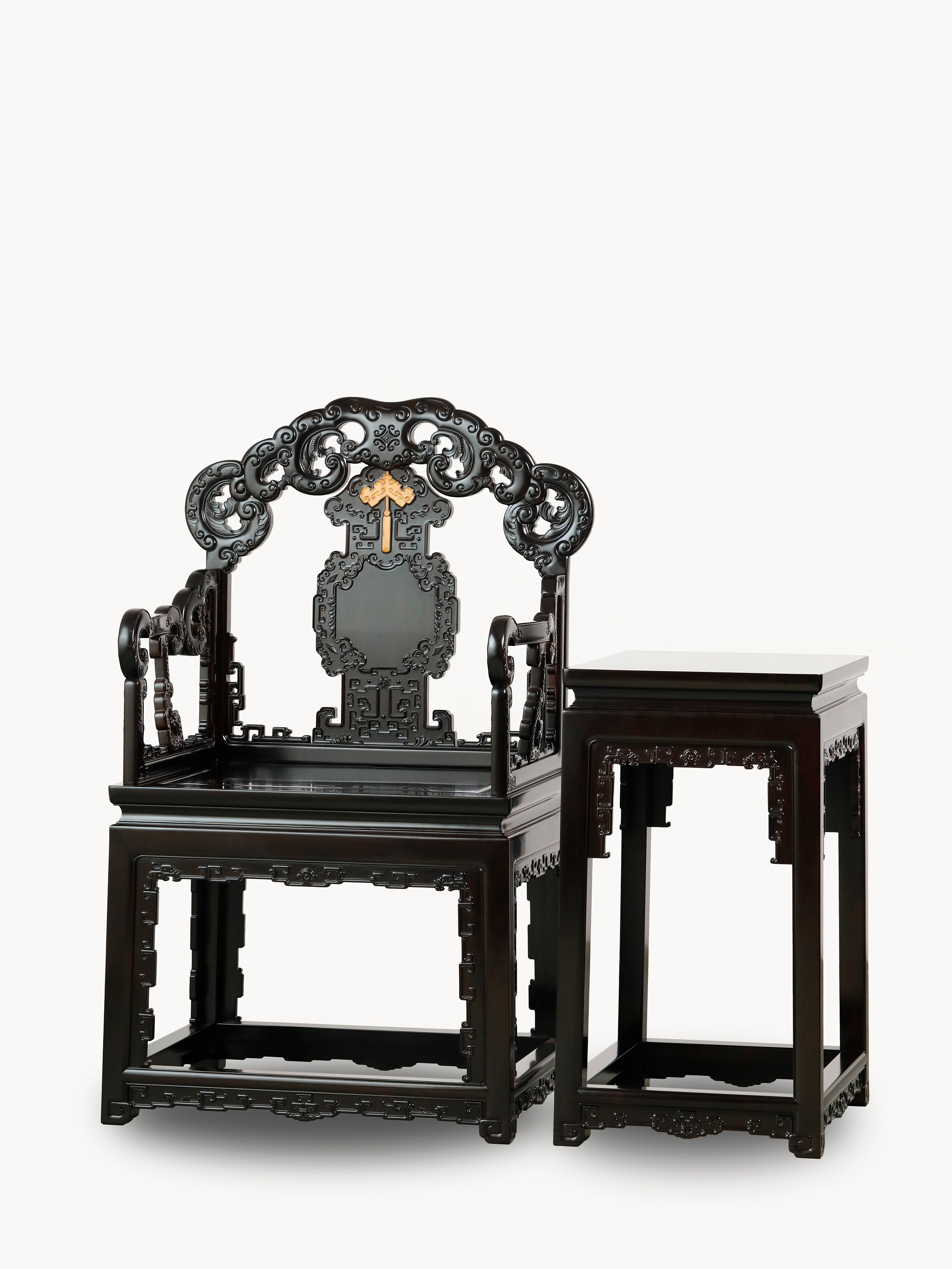 Purple sandalwood three-piece armchair set with bat and longevity motifs