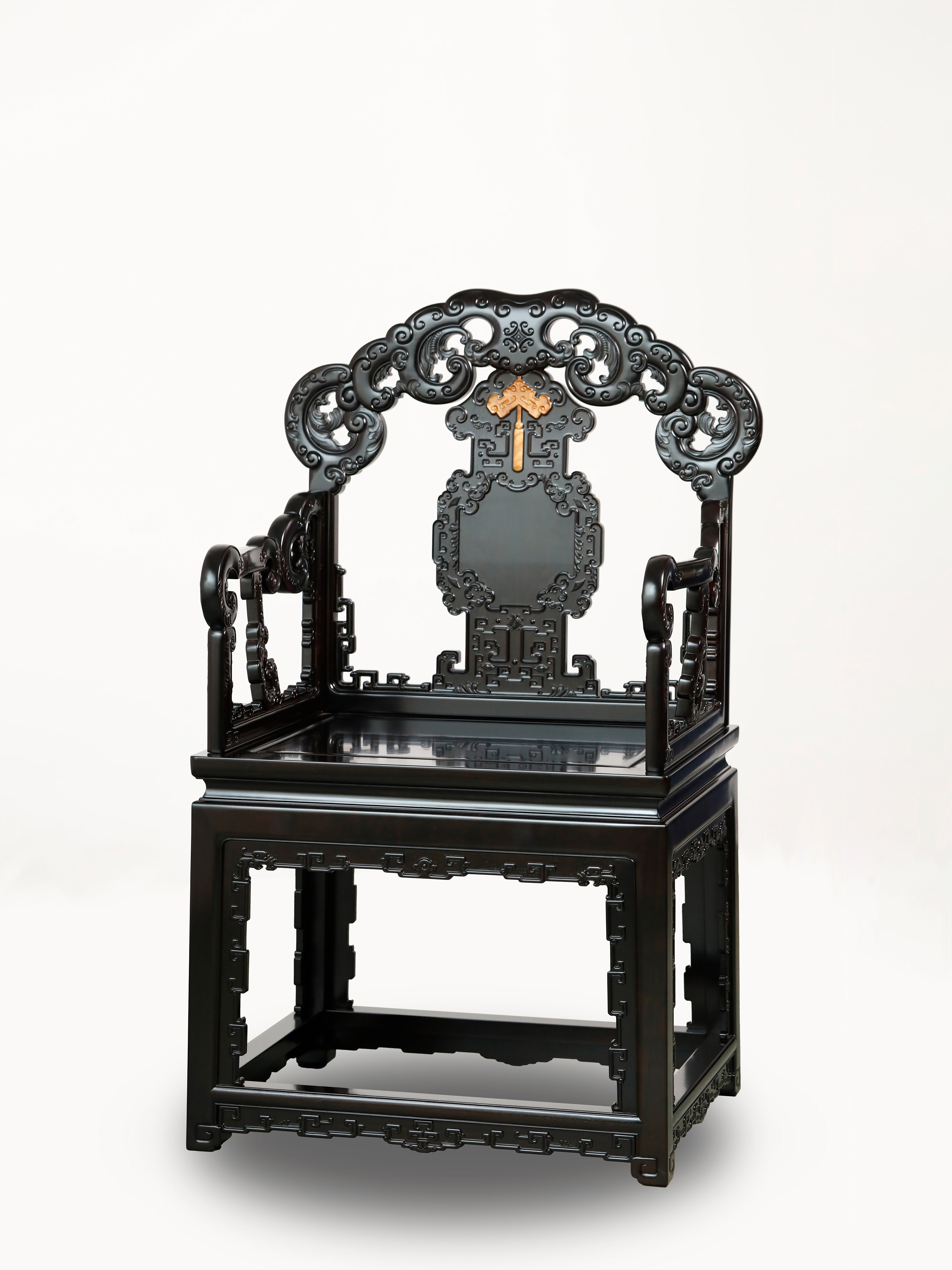 Purple sandalwood three-piece armchair set with bat and longevity motifs