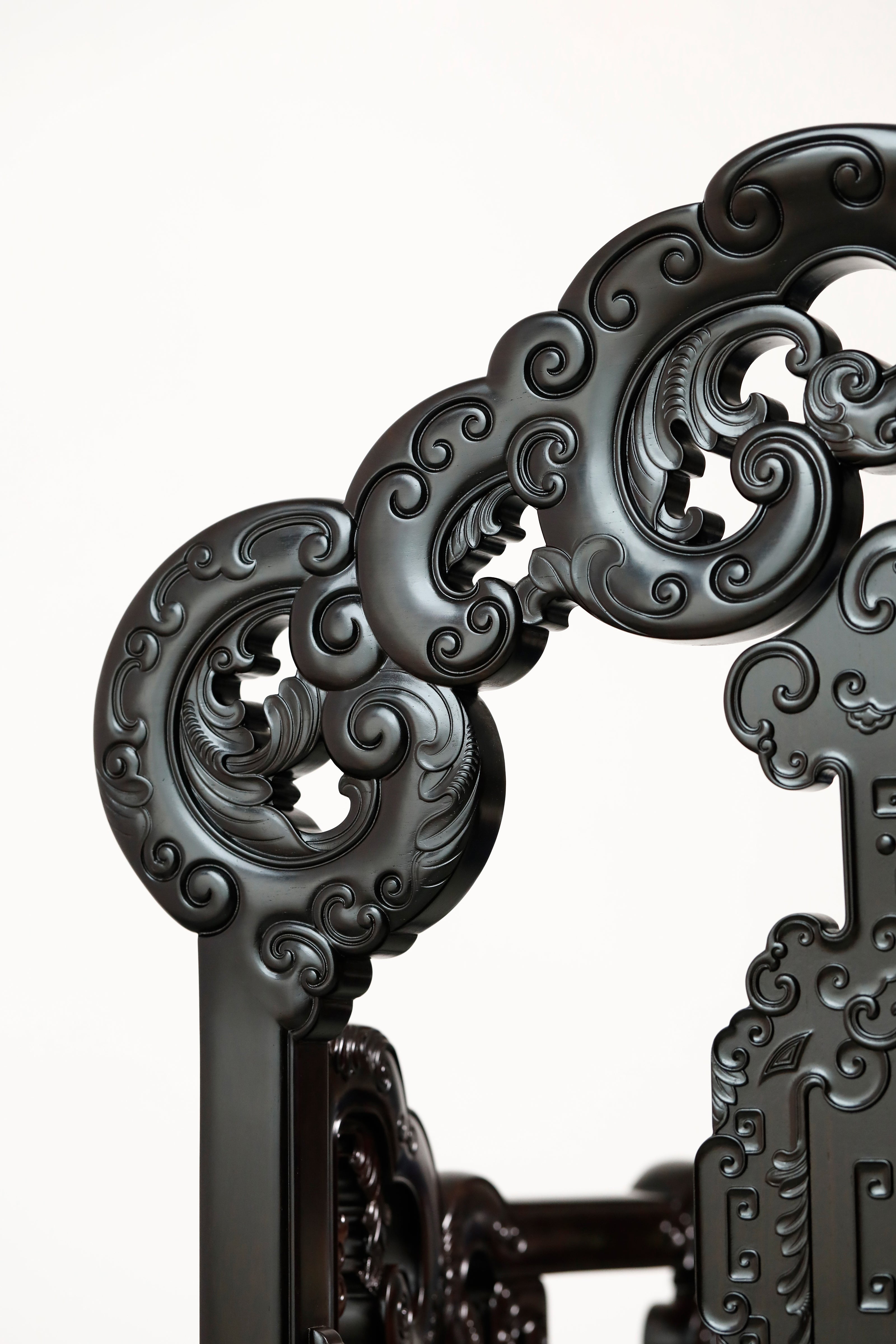 Purple sandalwood three-piece armchair set with bat and longevity motifs