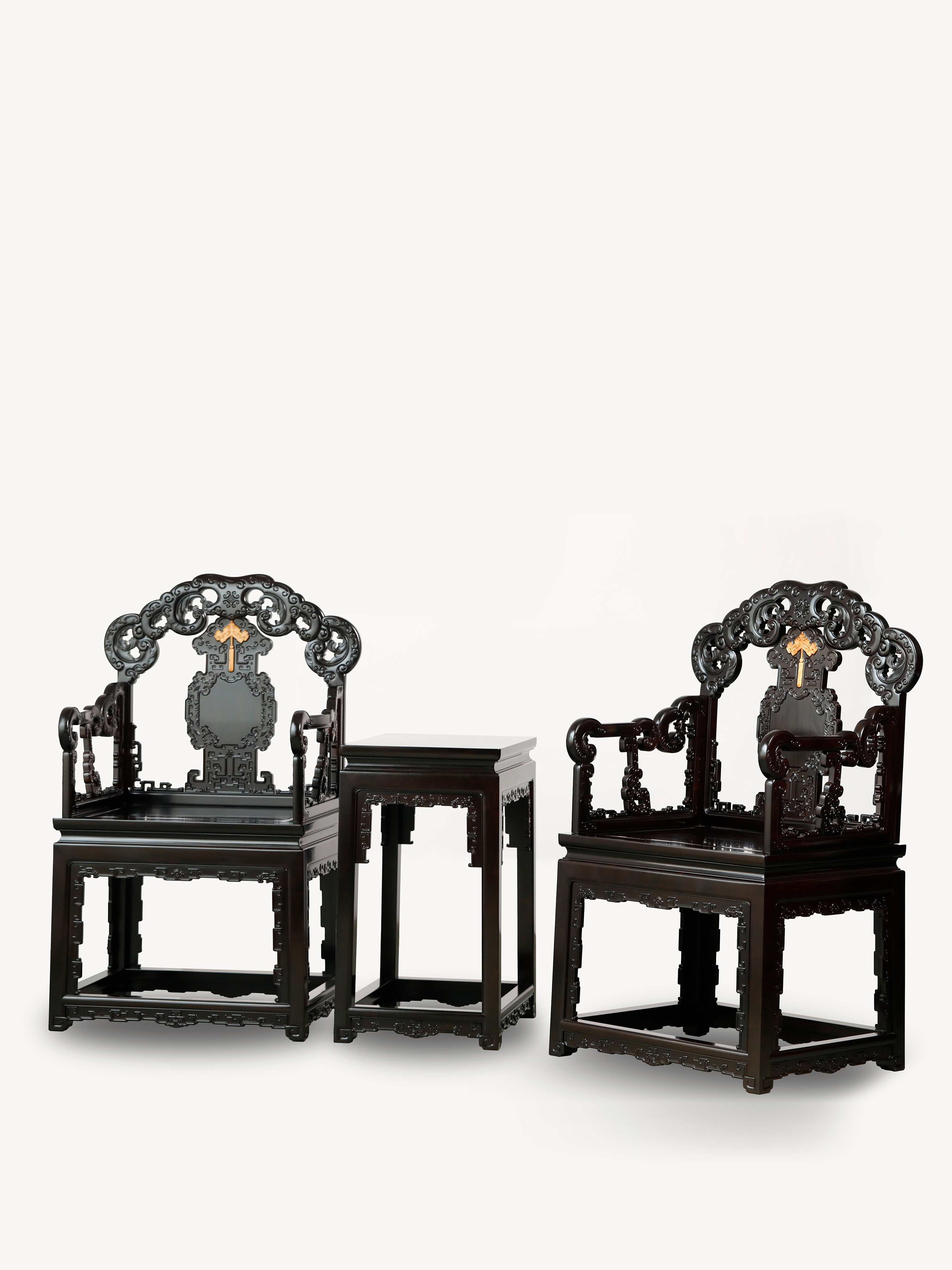 Purple sandalwood three-piece armchair set with bat and longevity motifs
