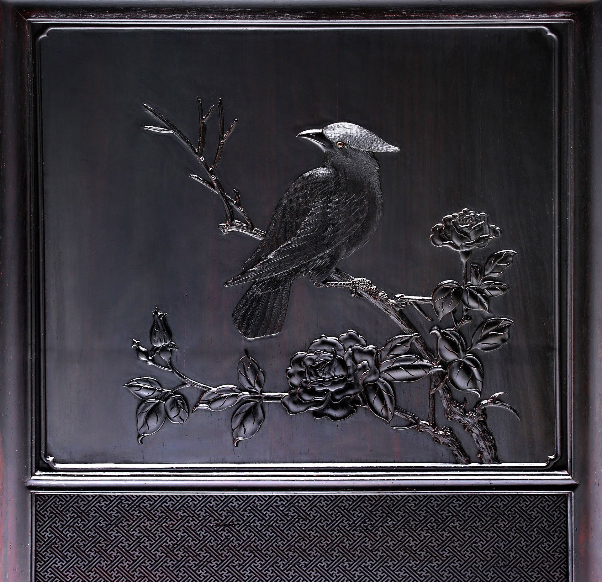 Rosewood Tea Stand with Swastika Pattern and Auspicious Bird Design