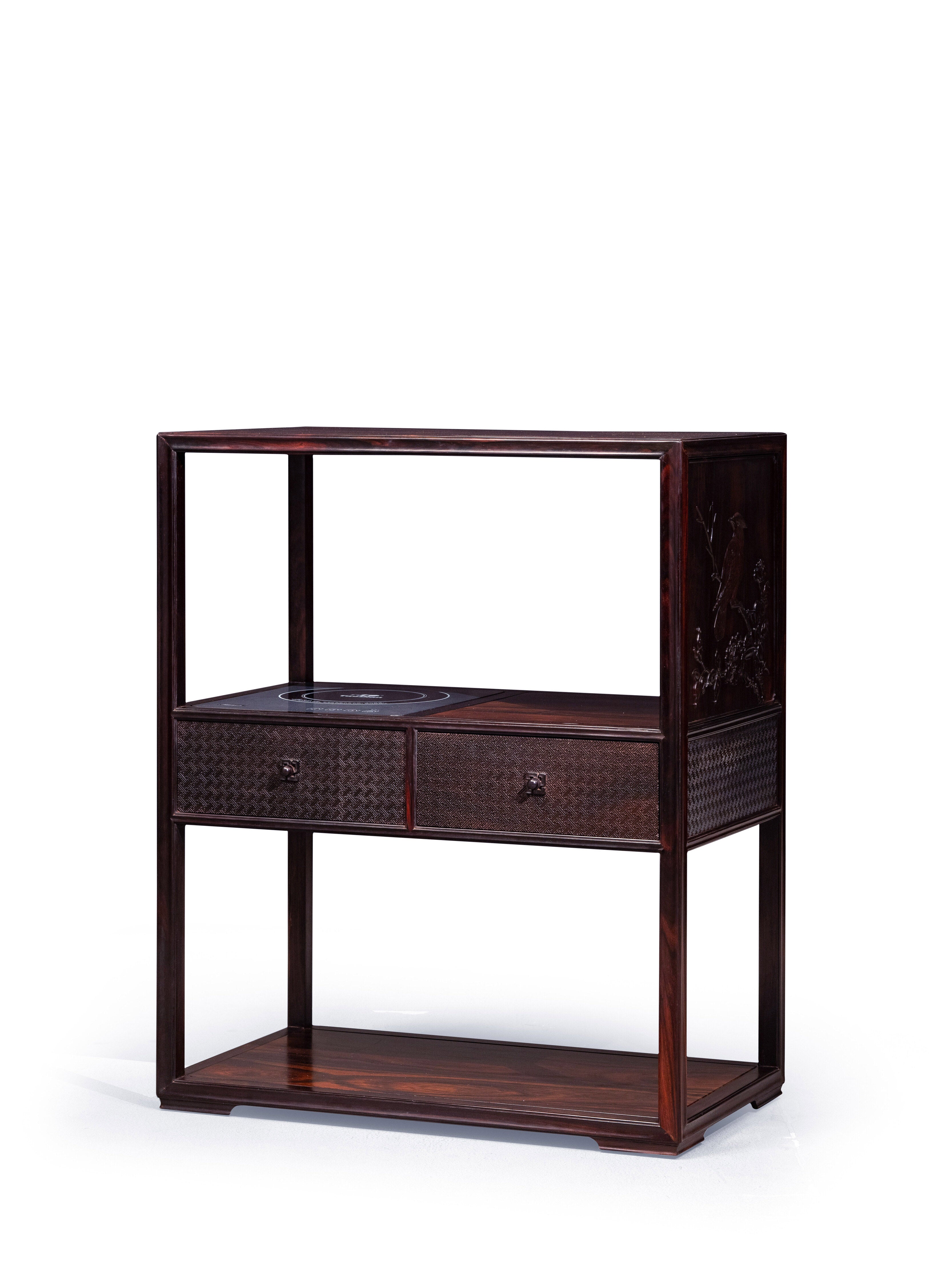 Rosewood Tea Stand with Swastika Pattern and Auspicious Bird Design