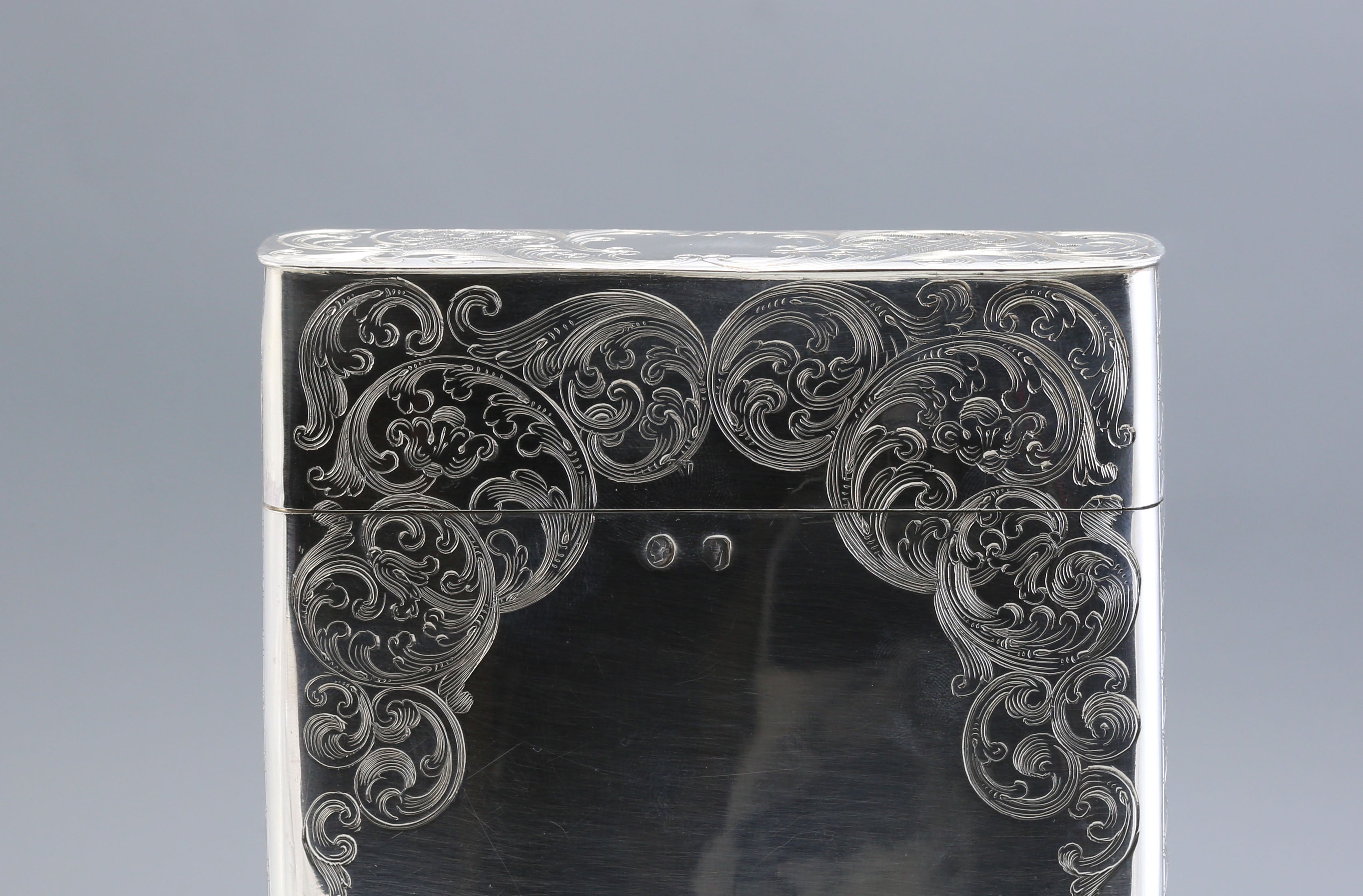 Sterling silver cigar box with engraved scrollwork, made in Dublin, England, 1867-1868.