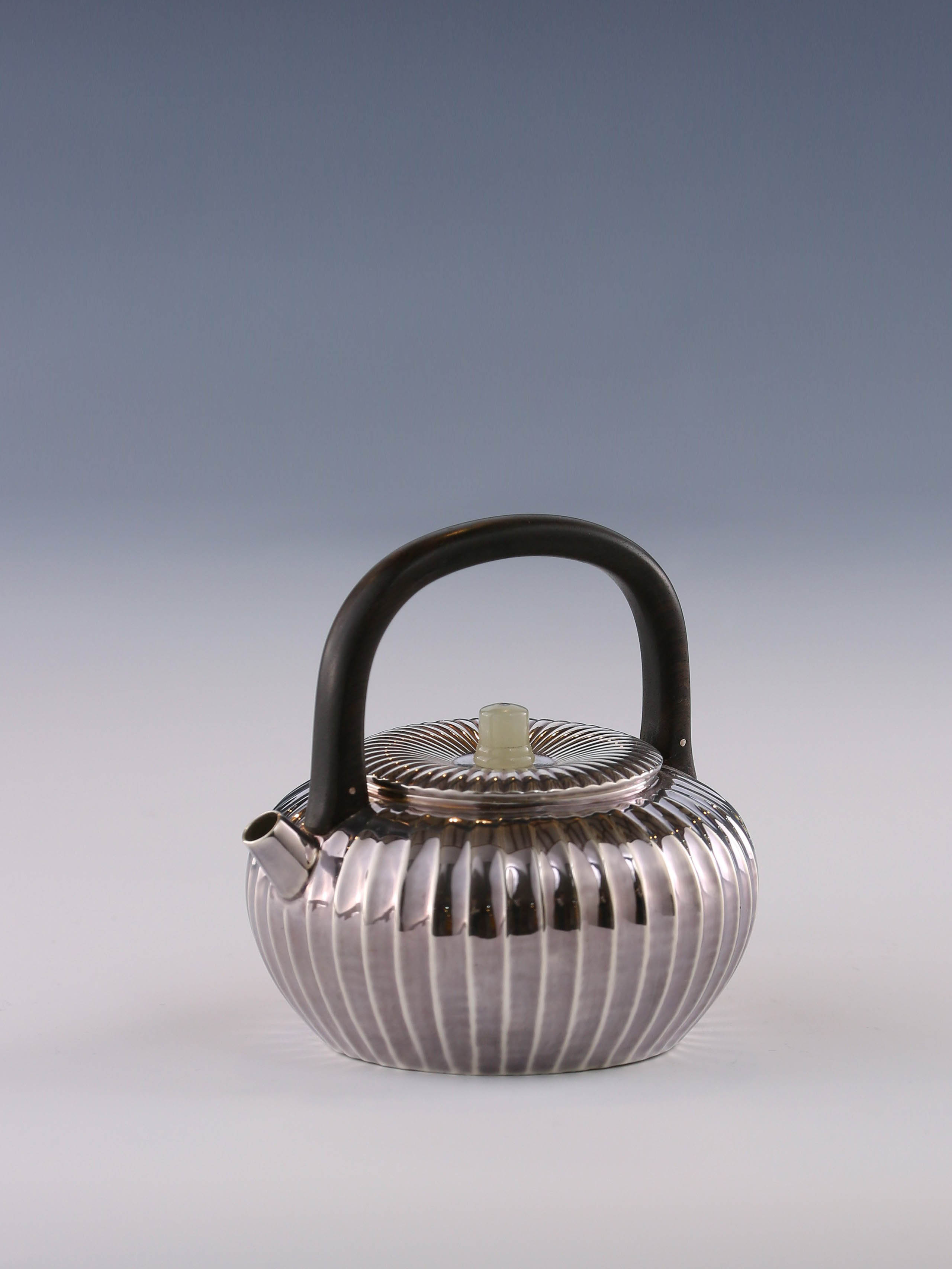 Chrysanthemum petal wooden handle silver teapot