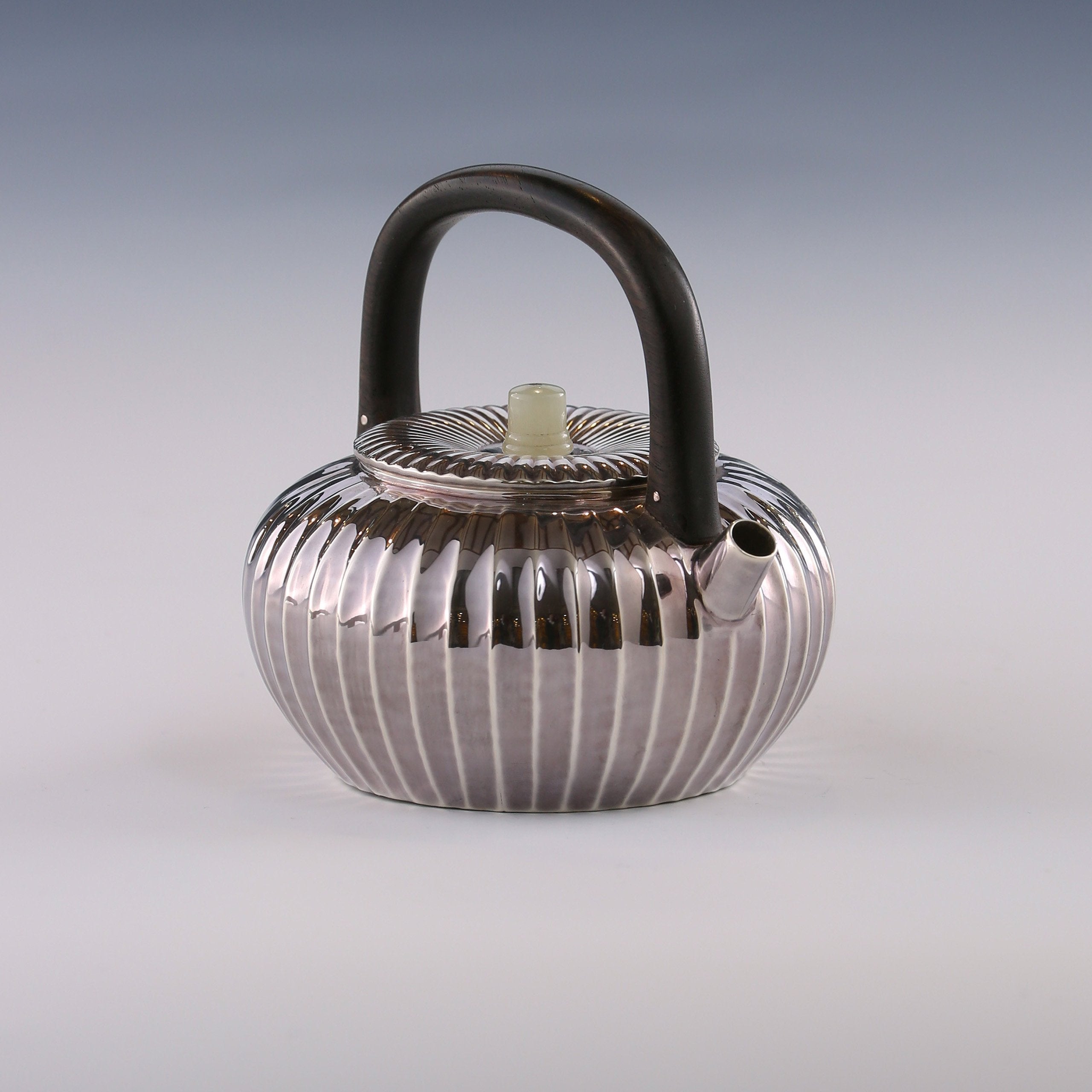 Chrysanthemum petal wooden handle silver teapot