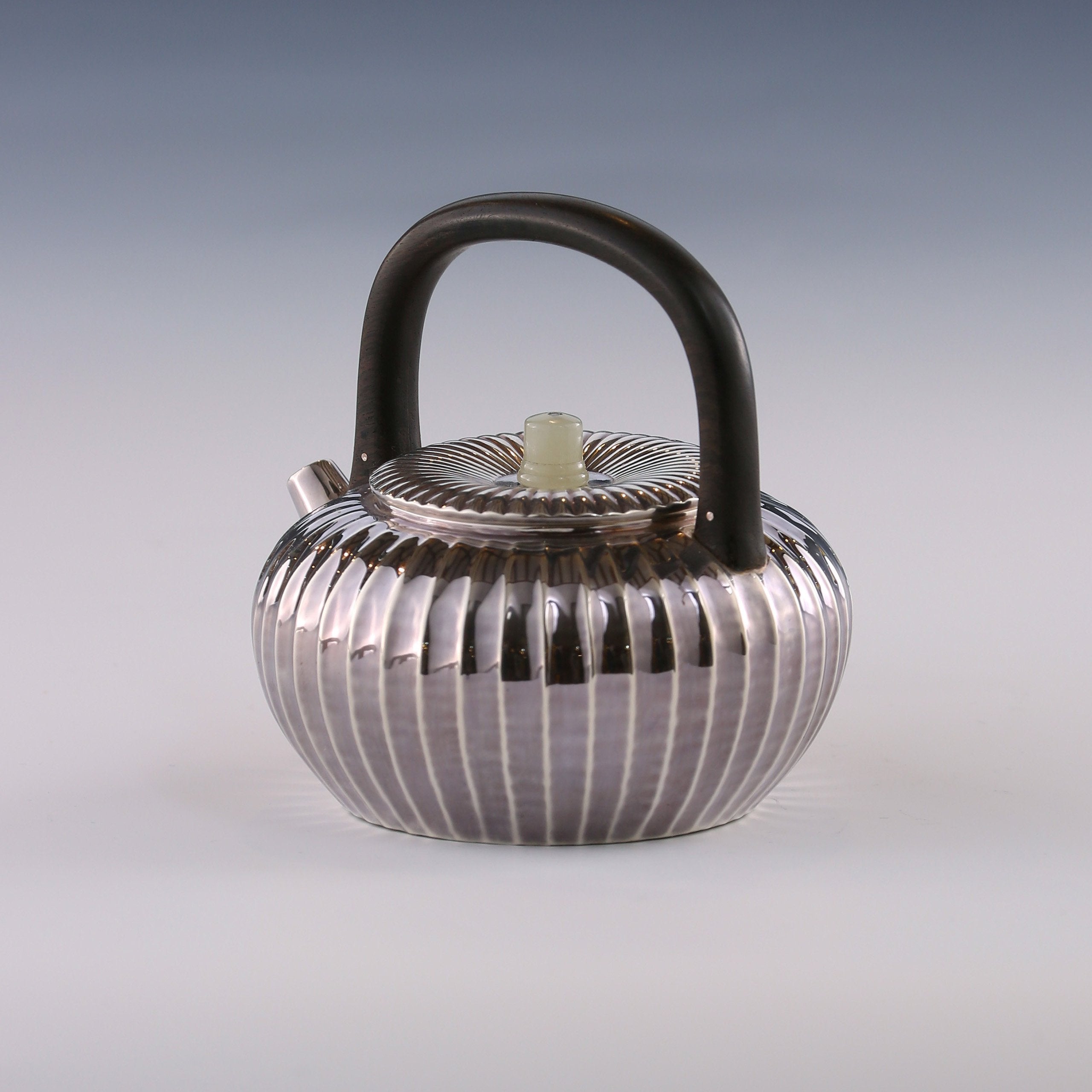 Chrysanthemum petal wooden handle silver teapot