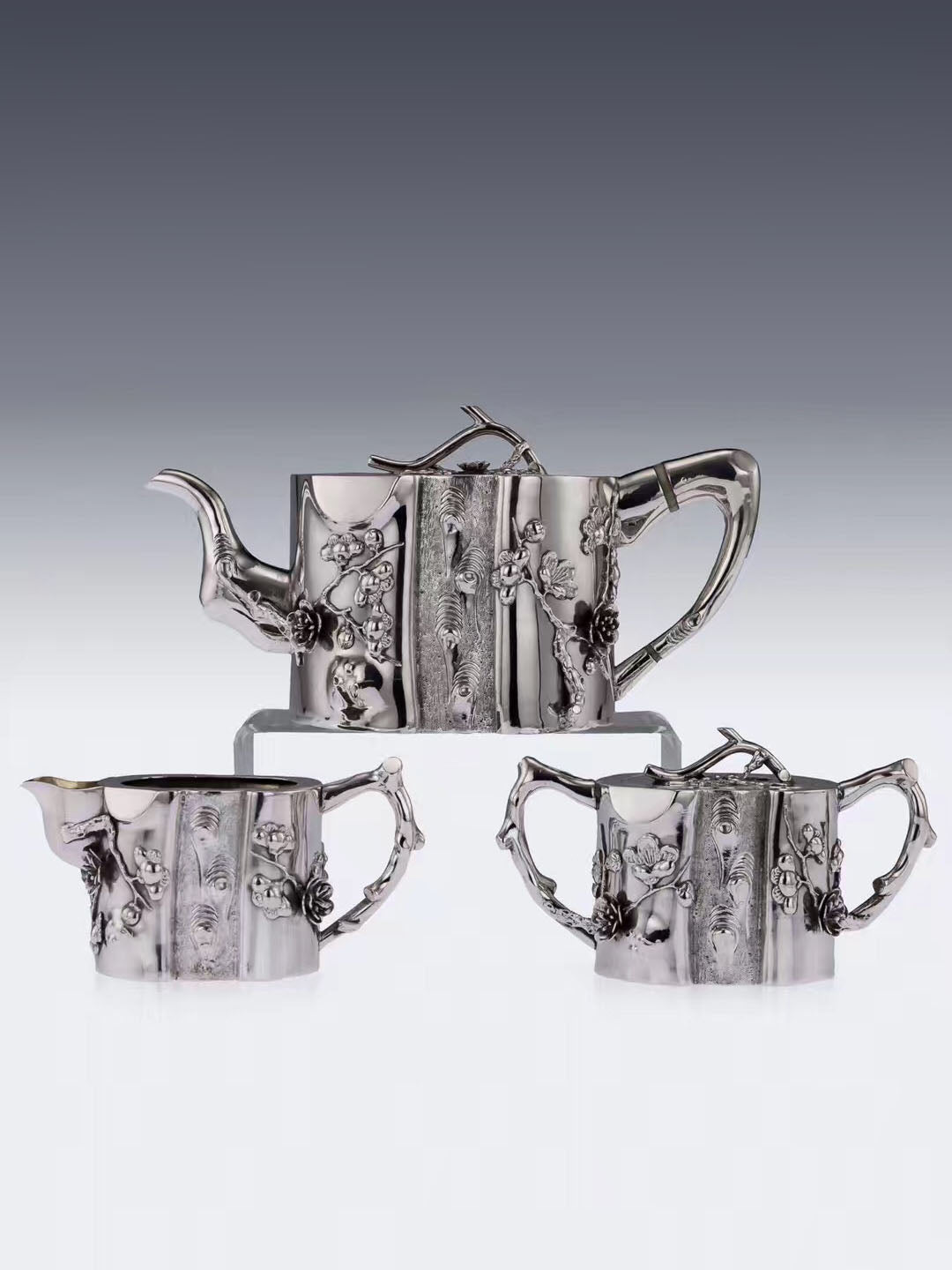 Kangxi Longevity Plum Blossom Stump Pure Silver Tea Set