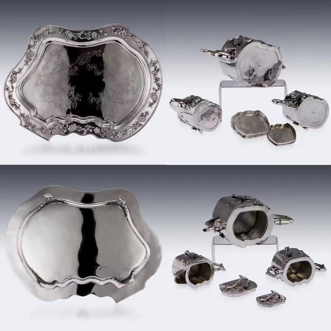 Kangxi Longevity Plum Blossom Stump Pure Silver Tea Set