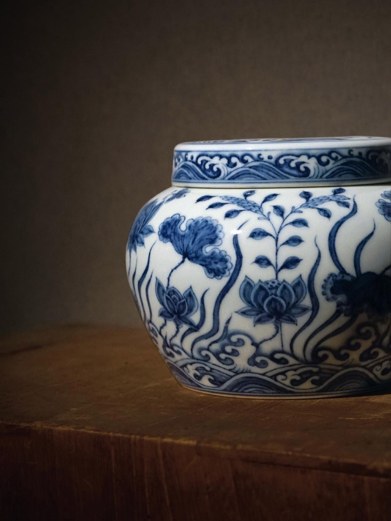 Blue and white algae pattern tea caddy