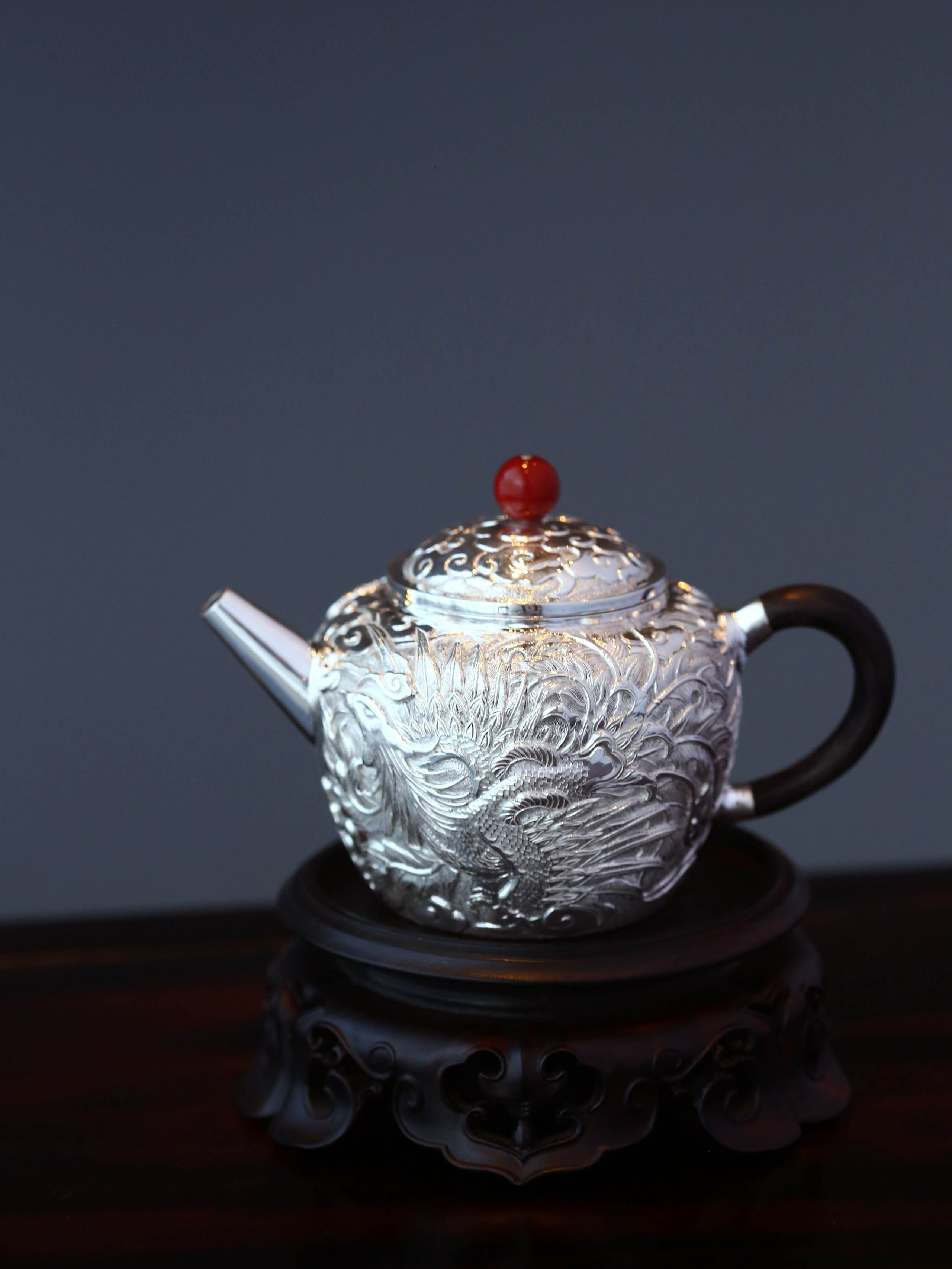 Dragon and Phoenix Sterling Silver Teapot