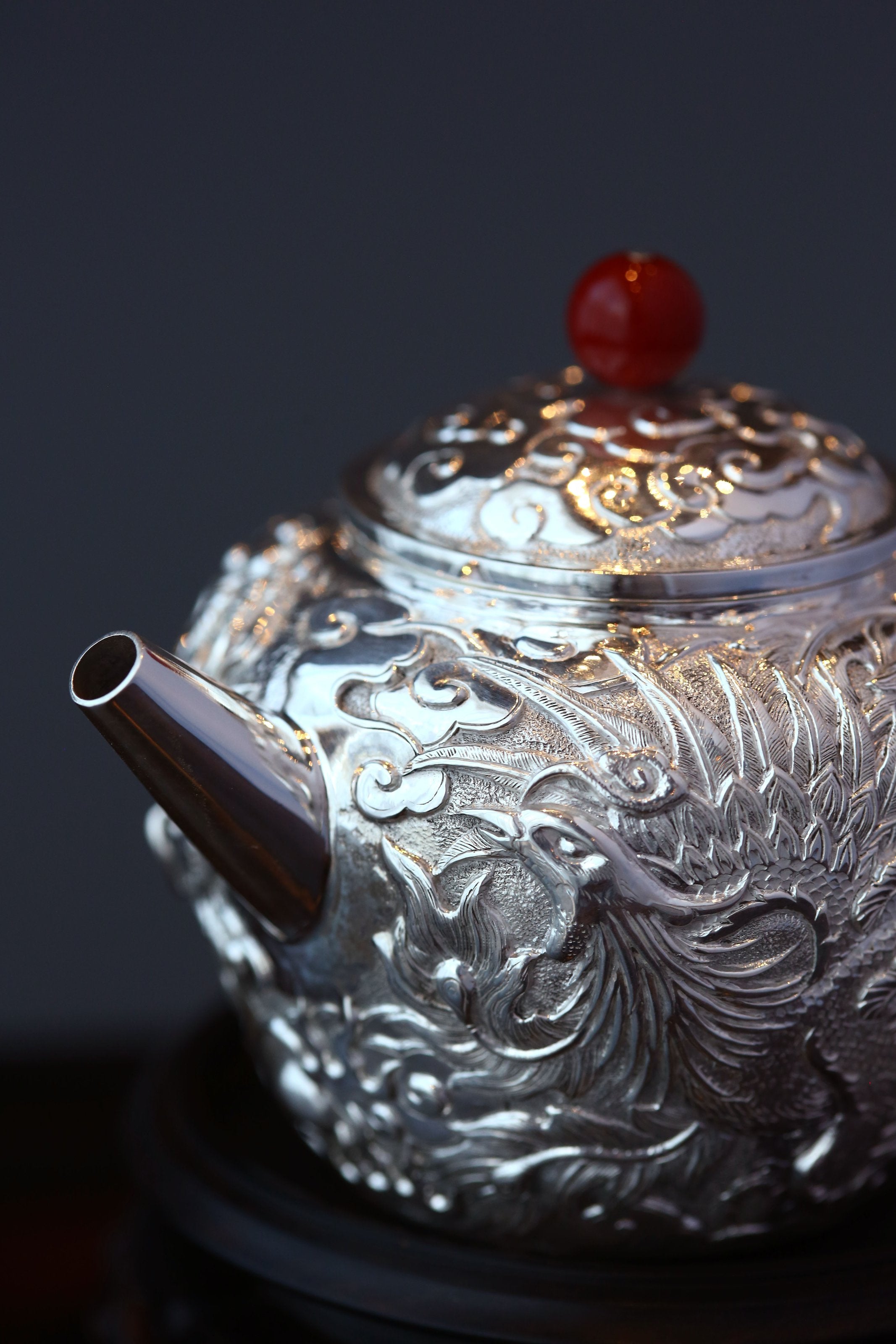 Dragon and Phoenix Sterling Silver Teapot