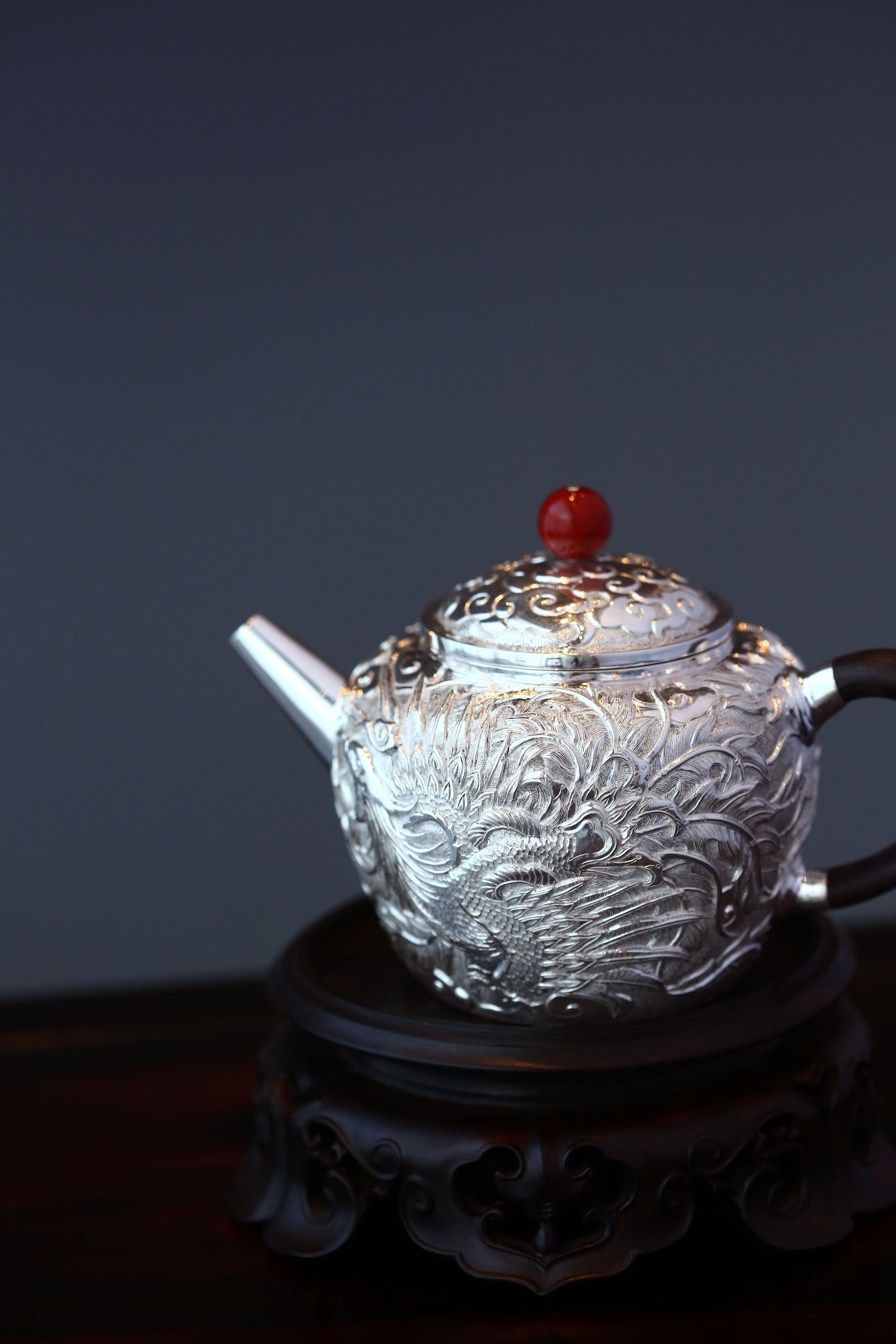 Dragon and Phoenix Sterling Silver Teapot