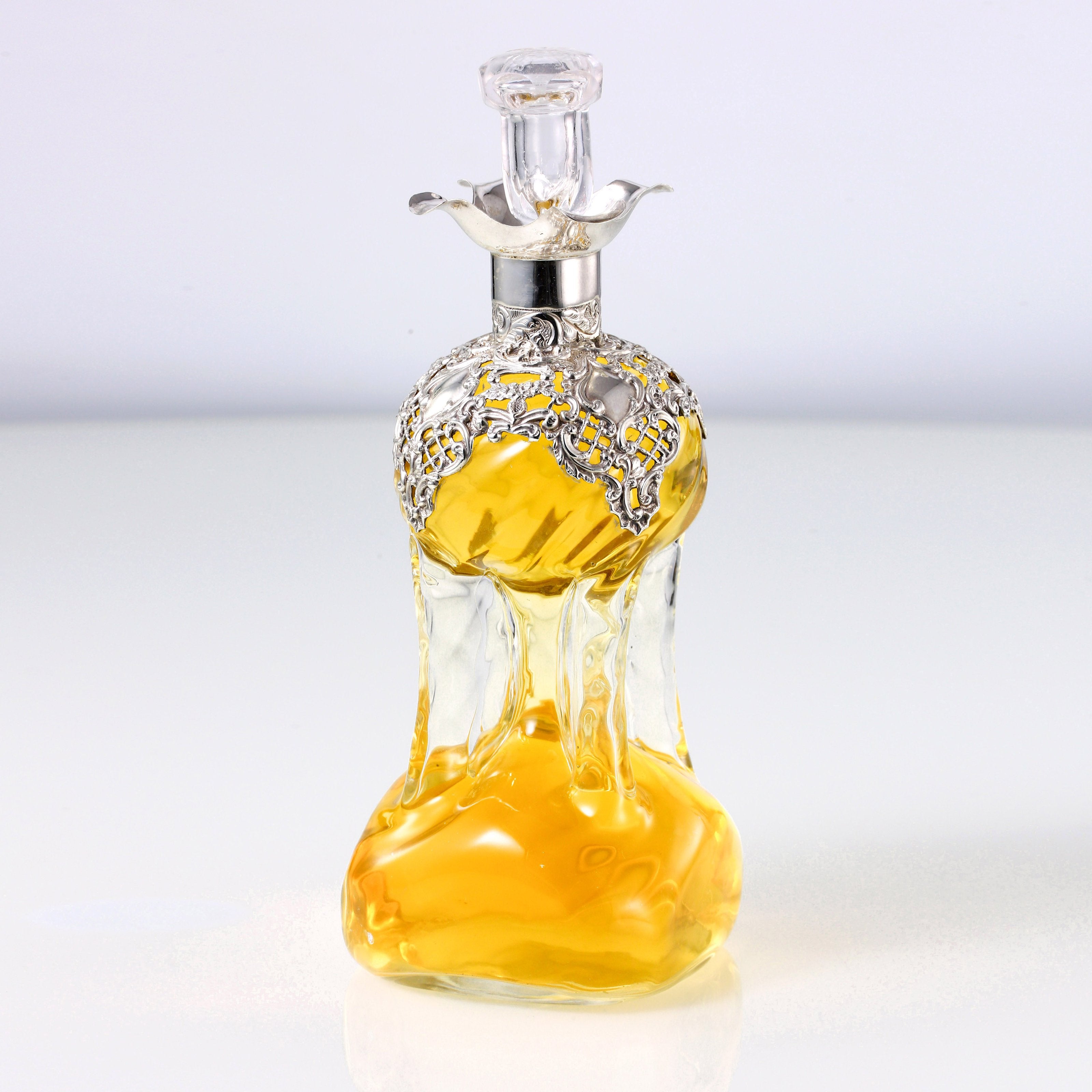 1898 British Sterling Silver Openwork Floral Crystal Wine Bottle