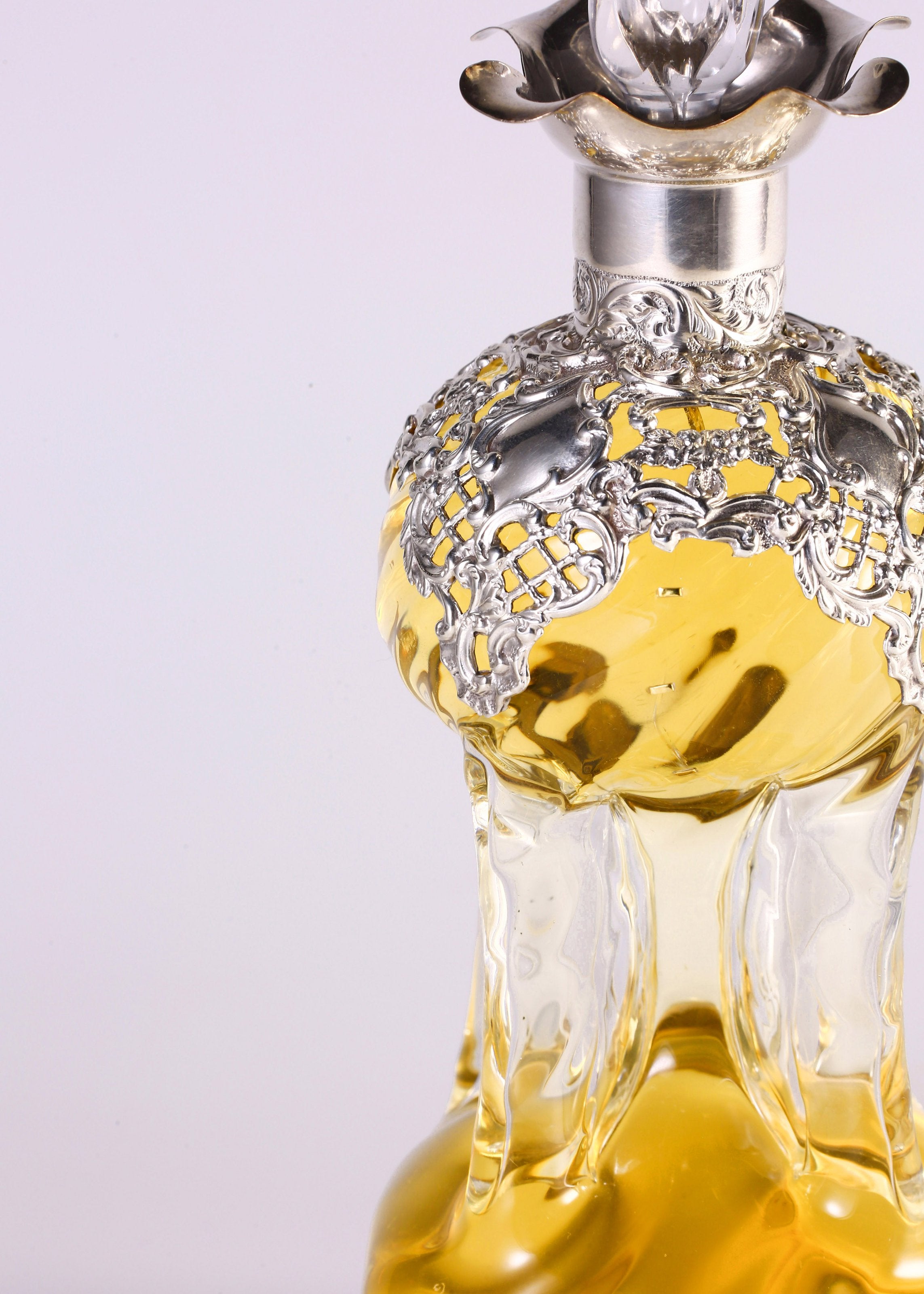 1898 British Sterling Silver Openwork Floral Crystal Wine Bottle