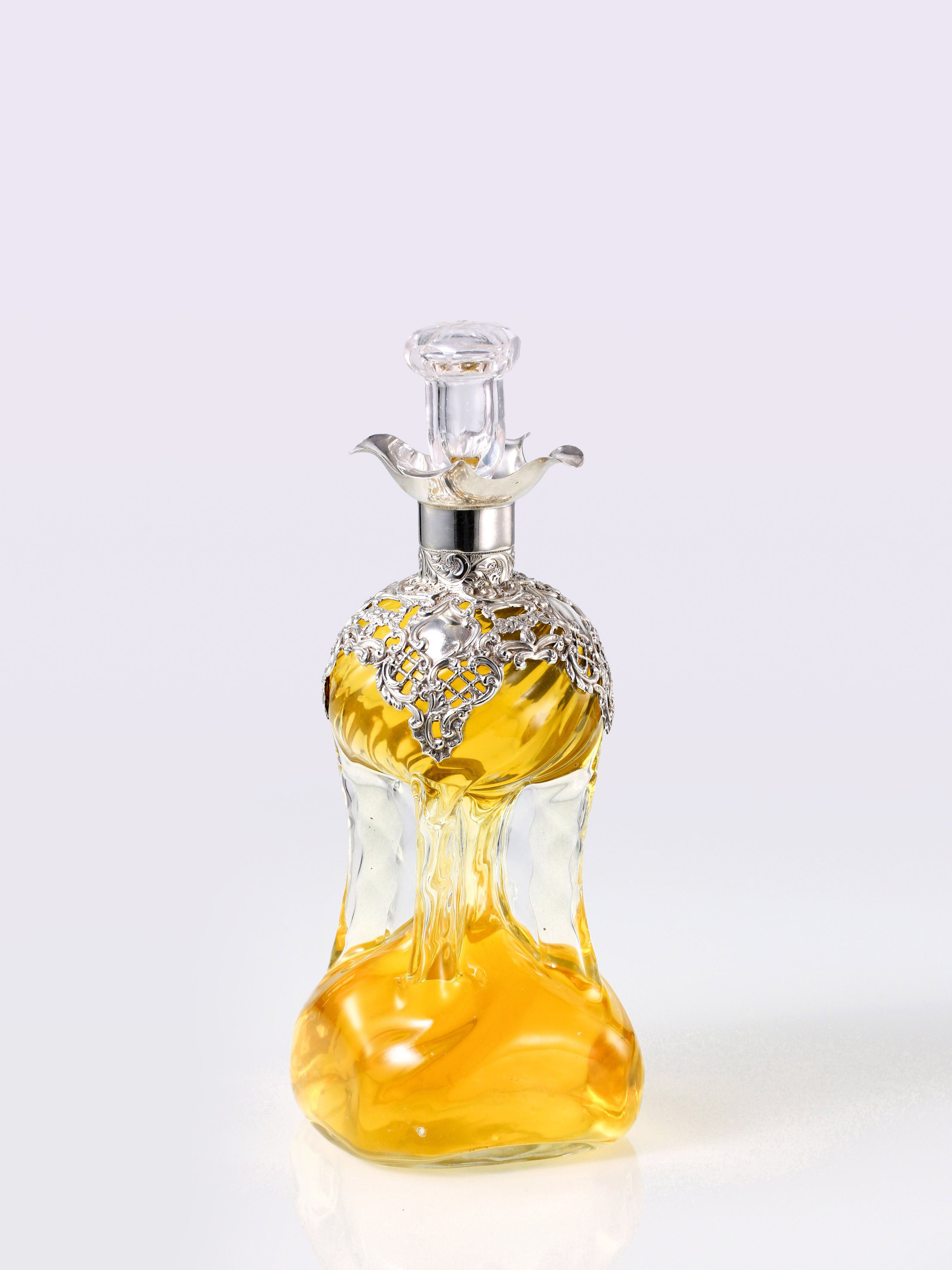 1898 British Sterling Silver Openwork Floral Crystal Wine Bottle