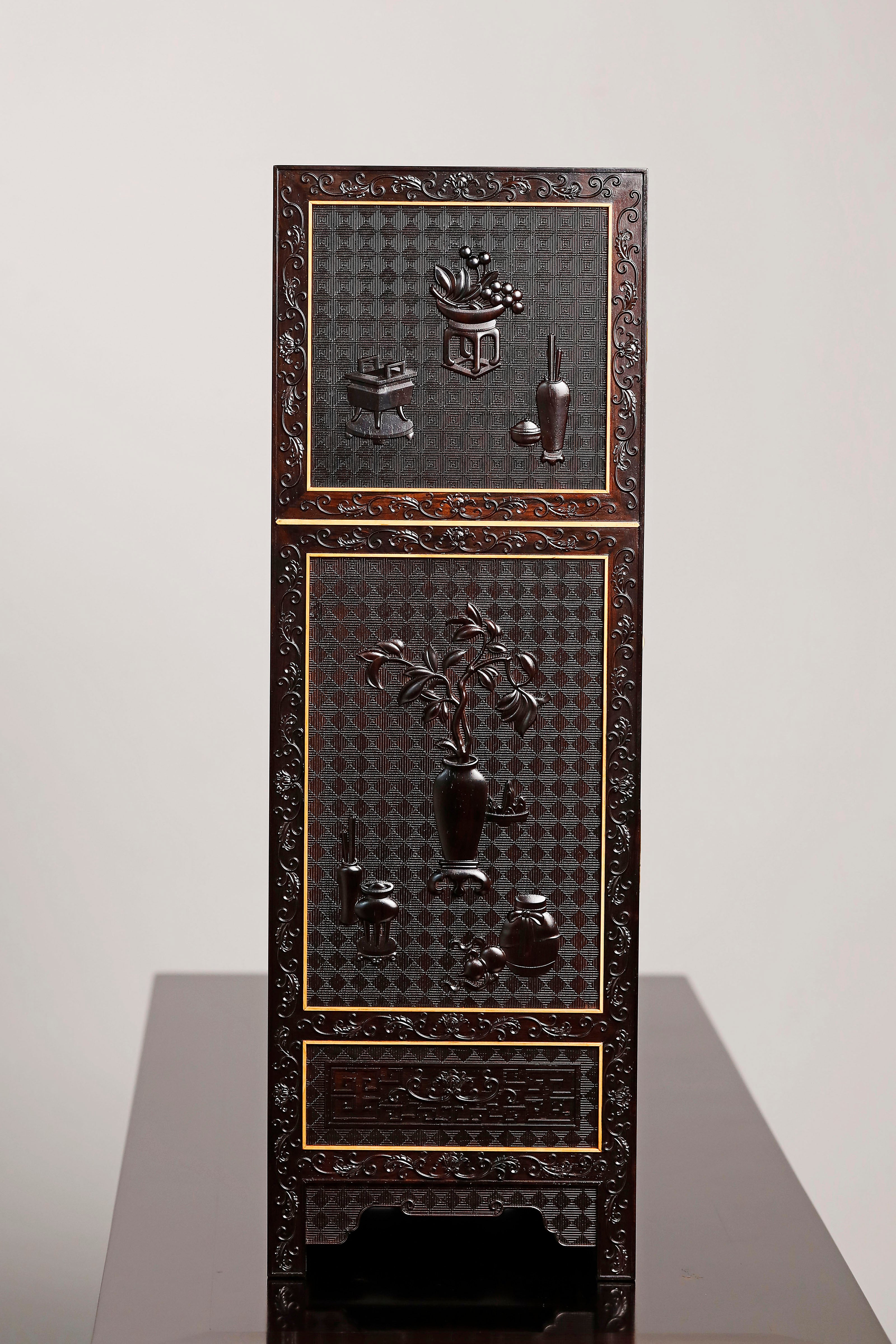 Small-leaf rosewood/Zambian rosewood fully carved antique pattern table and cabinet